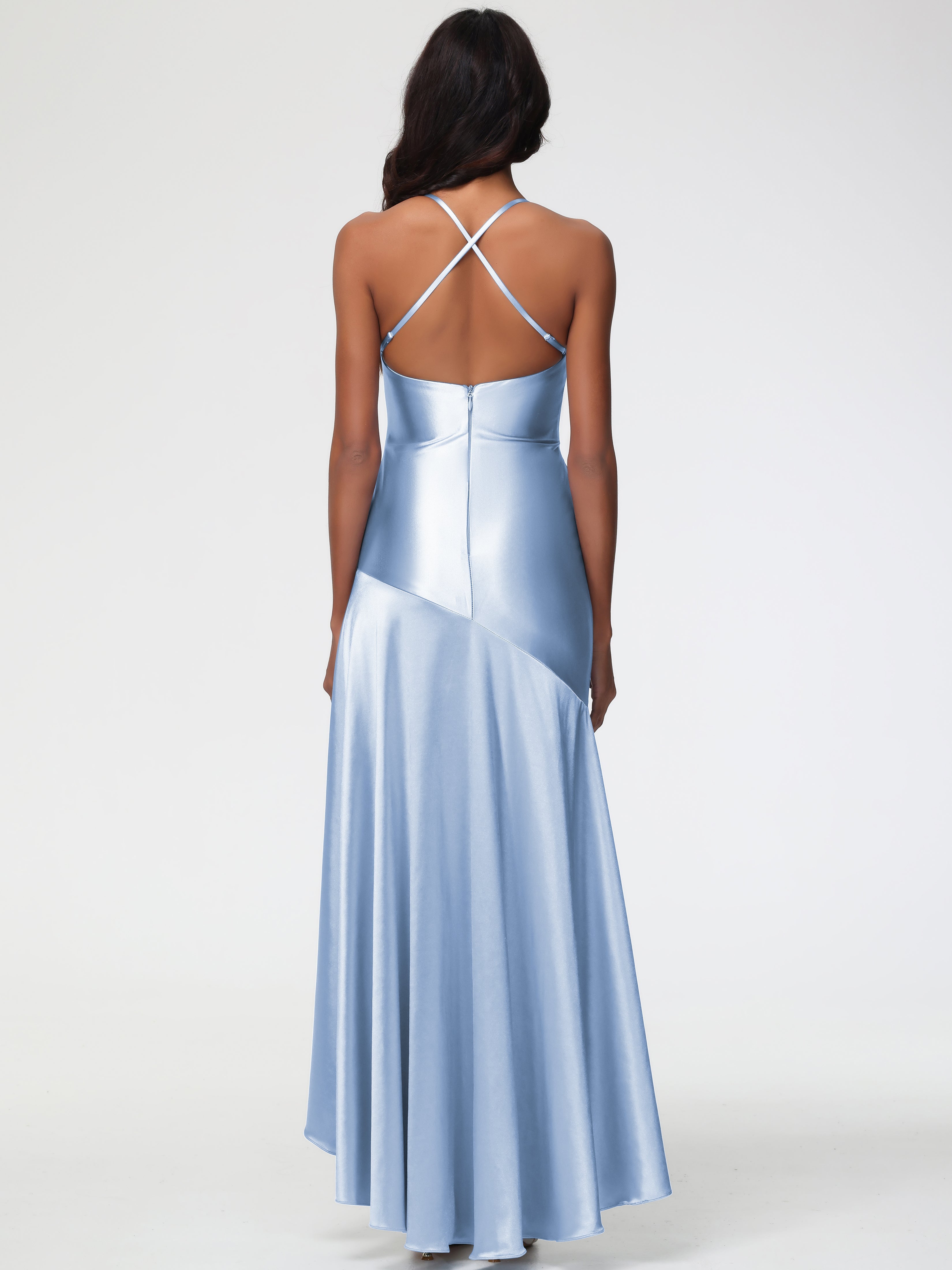 Robe De Demoiselle D Honneur Bleu Ciel Col Bénitier Satin Extensible Robe Fourreau Demoiselle D'Honneur Asymétrique