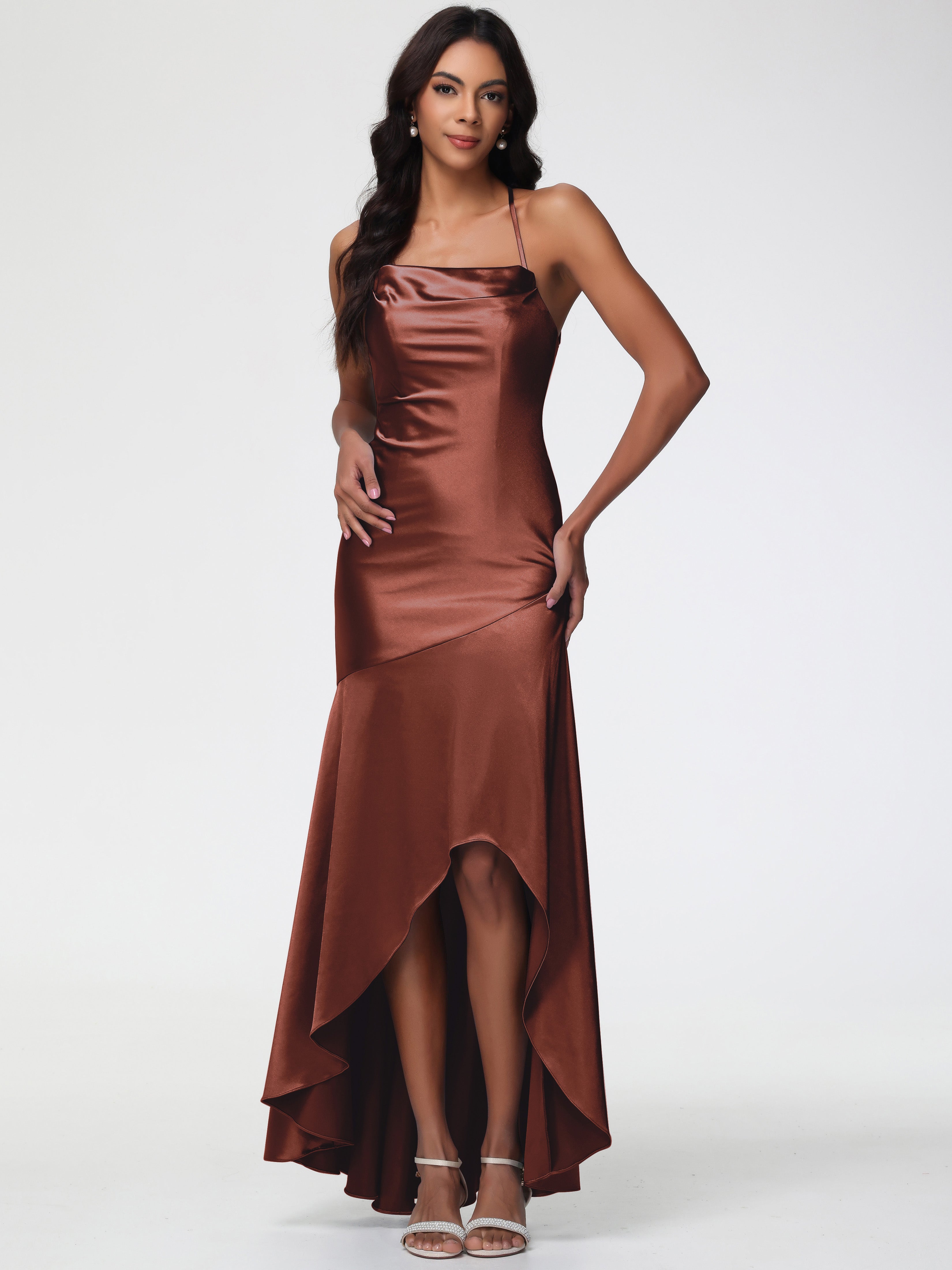 Robes Demoiselle D Honneur Terracotta Col Bénitier Satin Extensible Robe Fourreau Demoiselle D'Honneur Asymétrique