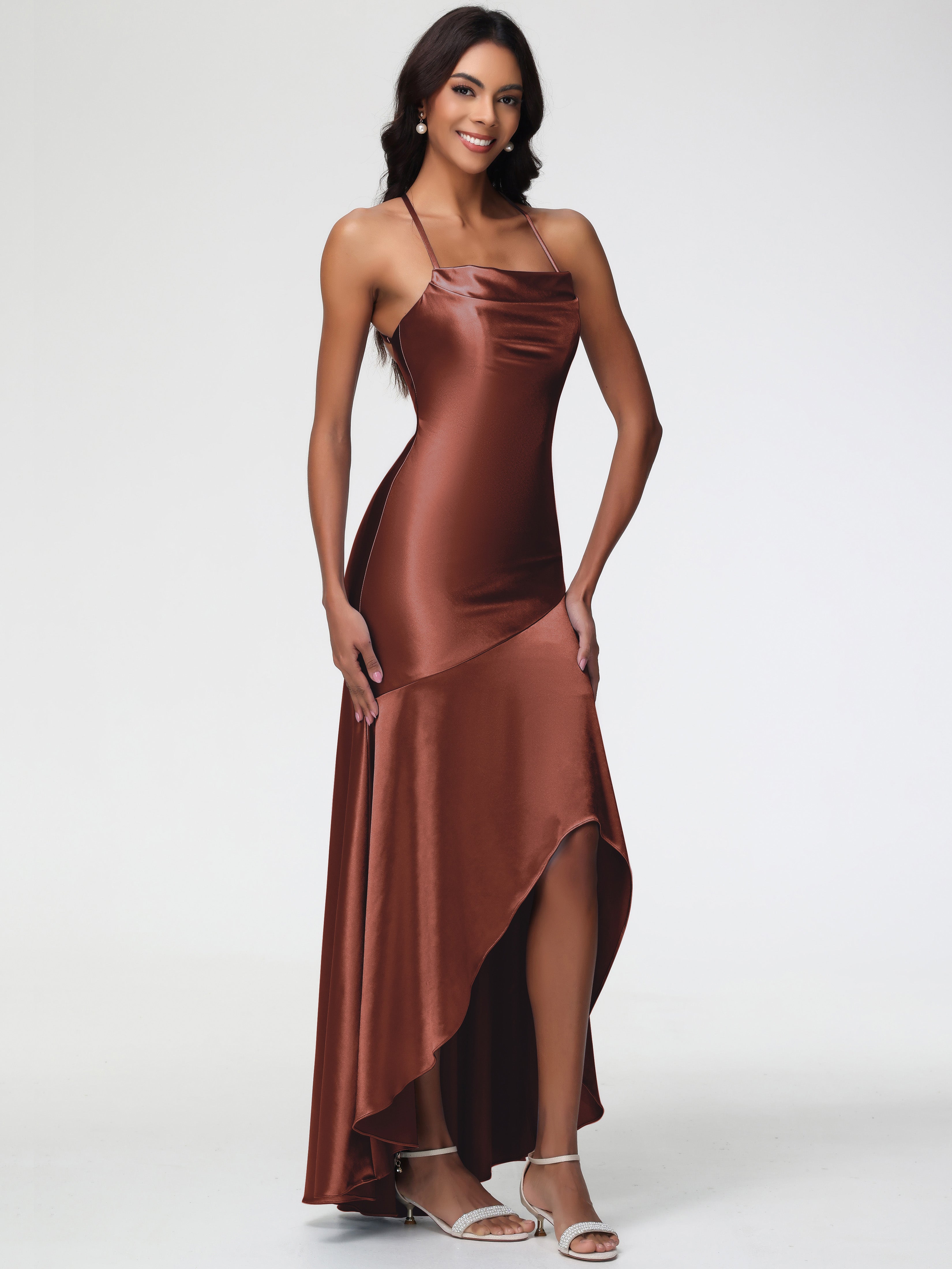 Robes Demoiselle D Honneur Terracotta Col Bénitier Satin Extensible Robe Fourreau Demoiselle D'Honneur Asymétrique