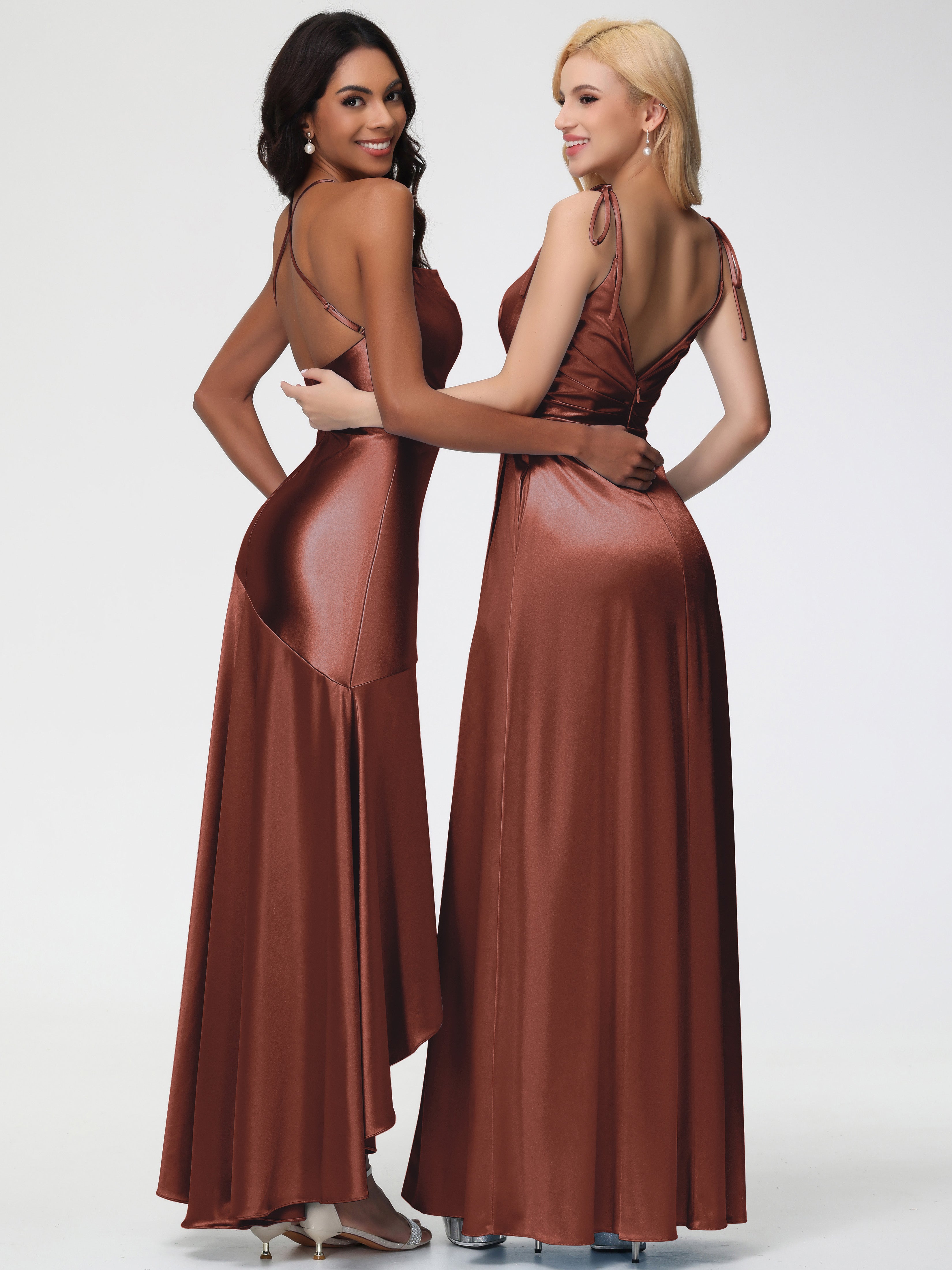 Robes Demoiselle D Honneur Terracotta Col Bénitier Satin Extensible Robe Fourreau Demoiselle D'Honneur Asymétrique