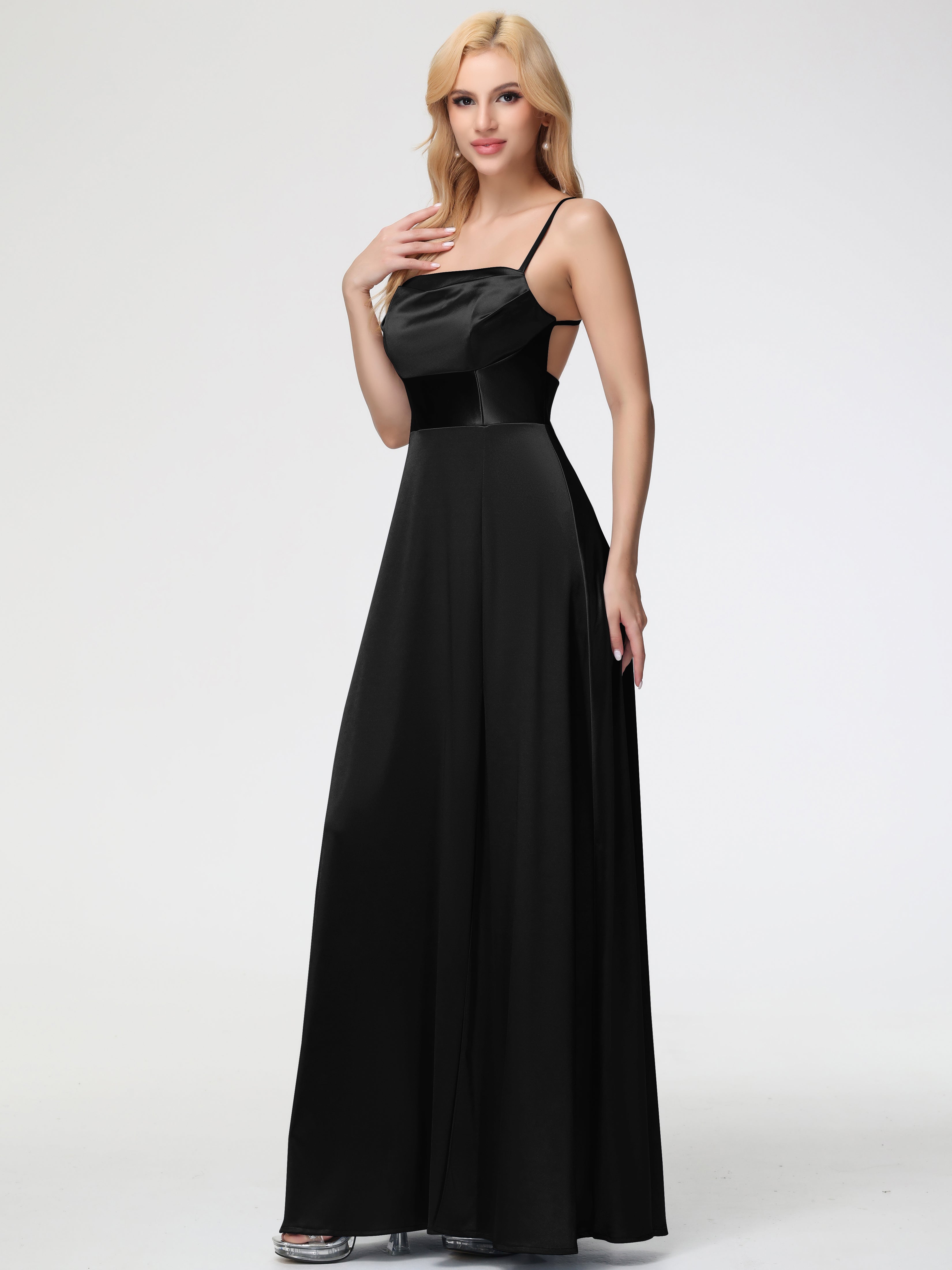 Robe De Demoiselle D Honneur Noir Col Bénitier Trapèze Satin Extensible Fendue Robe De Demoiselle D'Honneur