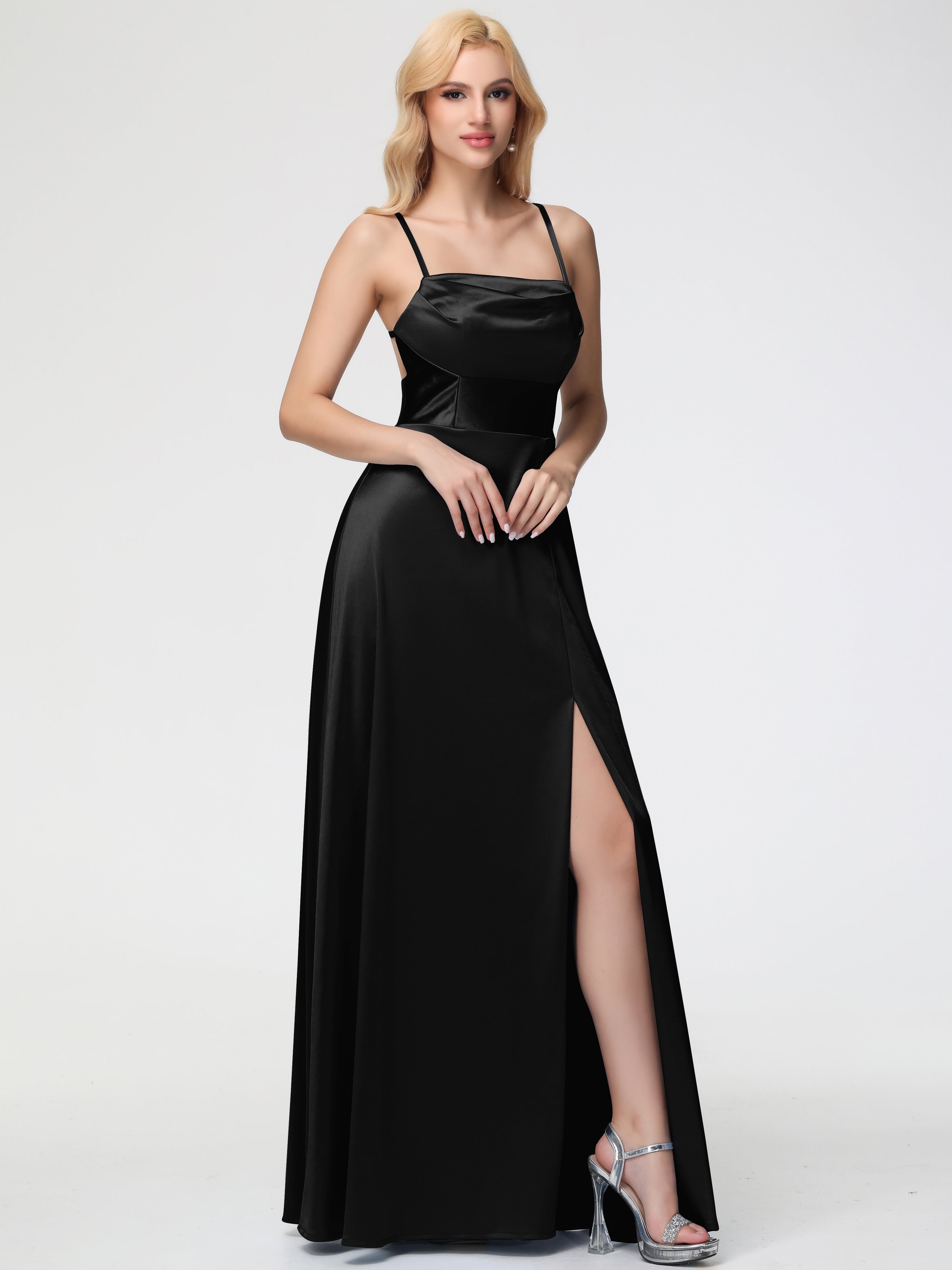 Robe De Demoiselle D Honneur Noir Col Bénitier Trapèze Satin Extensible Fendue Robe De Demoiselle D'Honneur