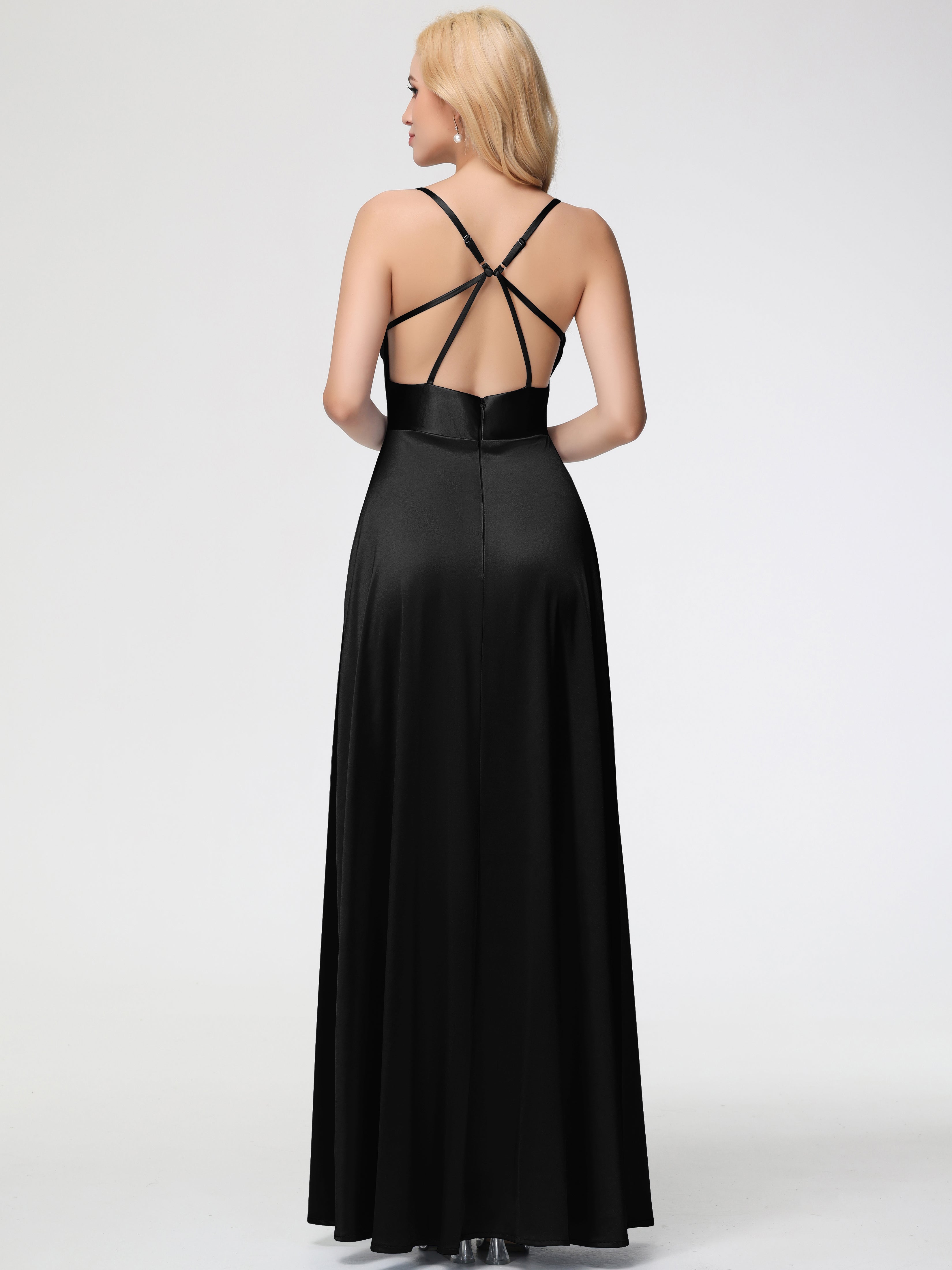 Robe De Demoiselle D Honneur Noir Col Bénitier Trapèze Satin Extensible Fendue Robe De Demoiselle D'Honneur