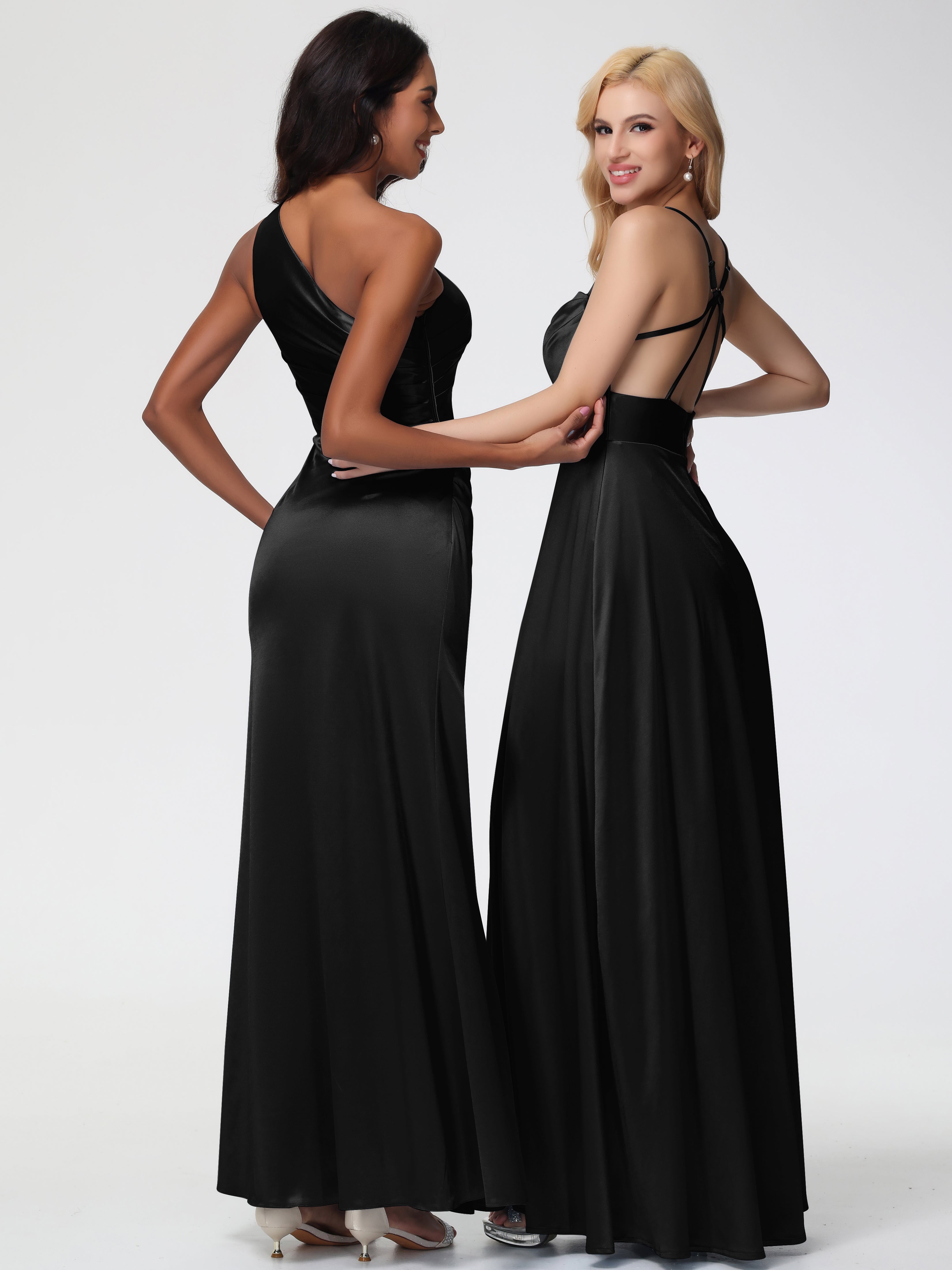 Robe De Demoiselle D Honneur Noir Col Bénitier Trapèze Satin Extensible Fendue Robe De Demoiselle D'Honneur