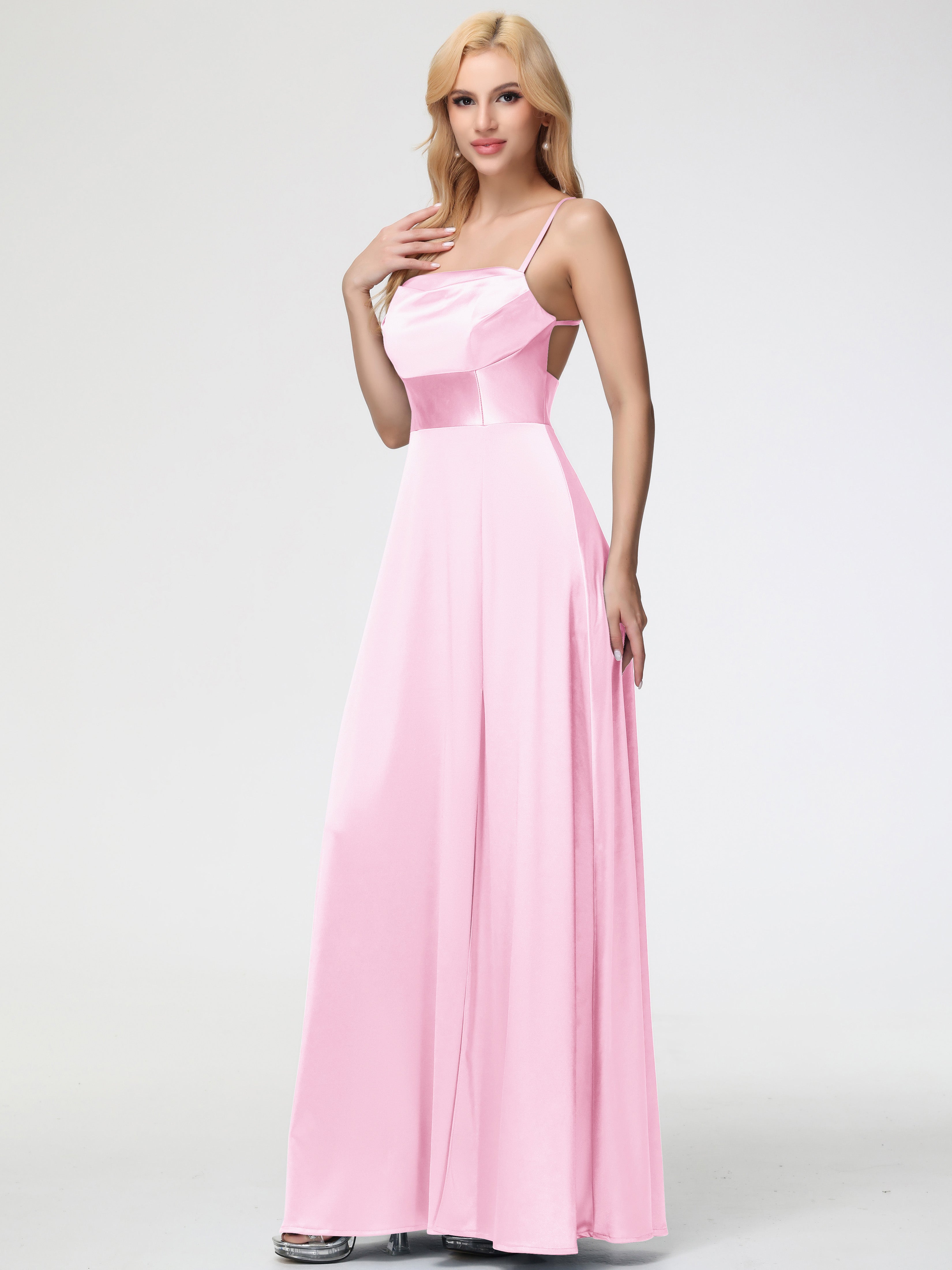 Robes Demoiselle D Honneur ROSE PÂLE Col Bénitier Trapèze Satin Extensible Fendue Robe De Demoiselle D'Honneur