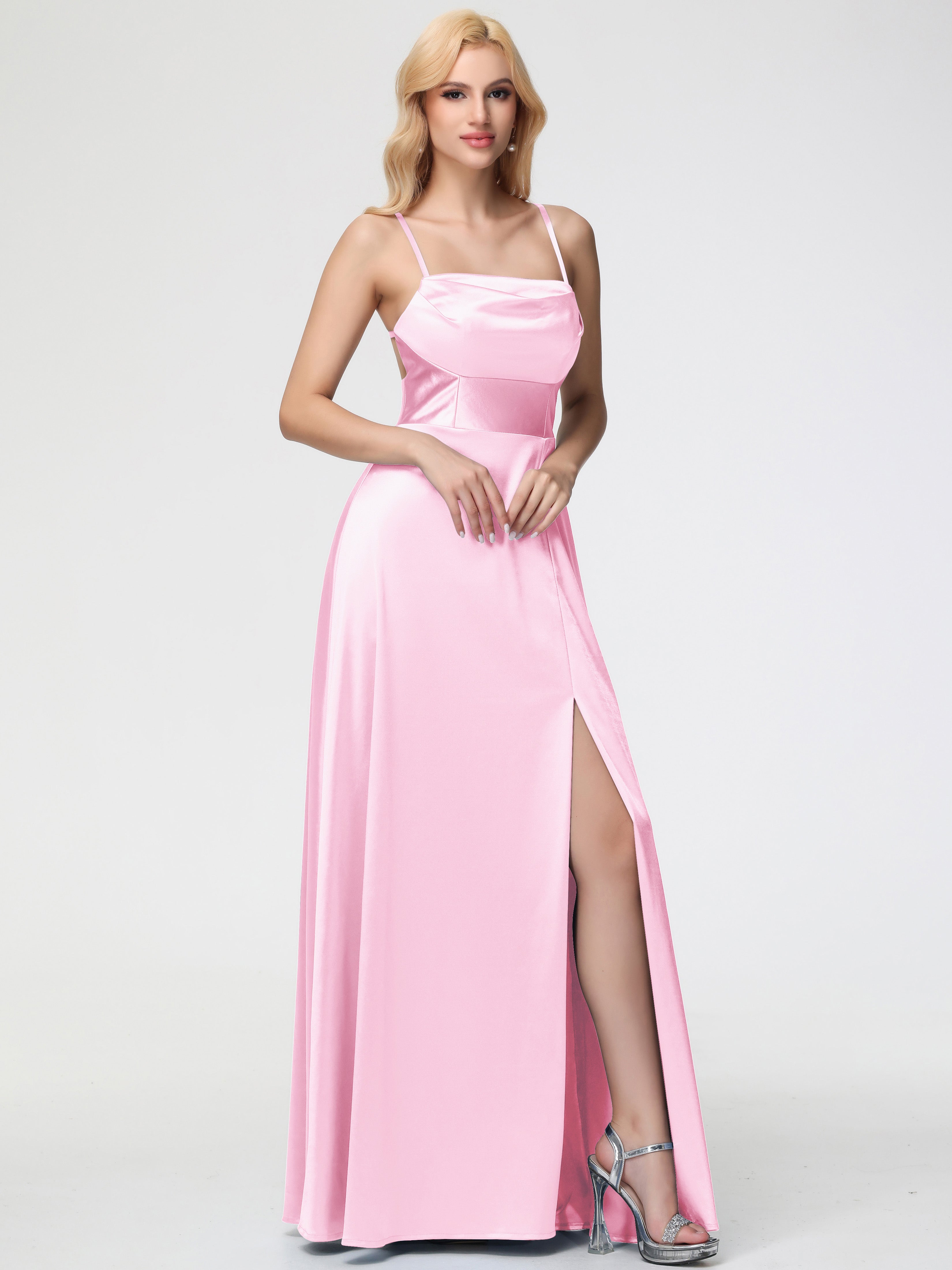 Robes Demoiselle D Honneur ROSE PÂLE Col Bénitier Trapèze Satin Extensible Fendue Robe De Demoiselle D'Honneur