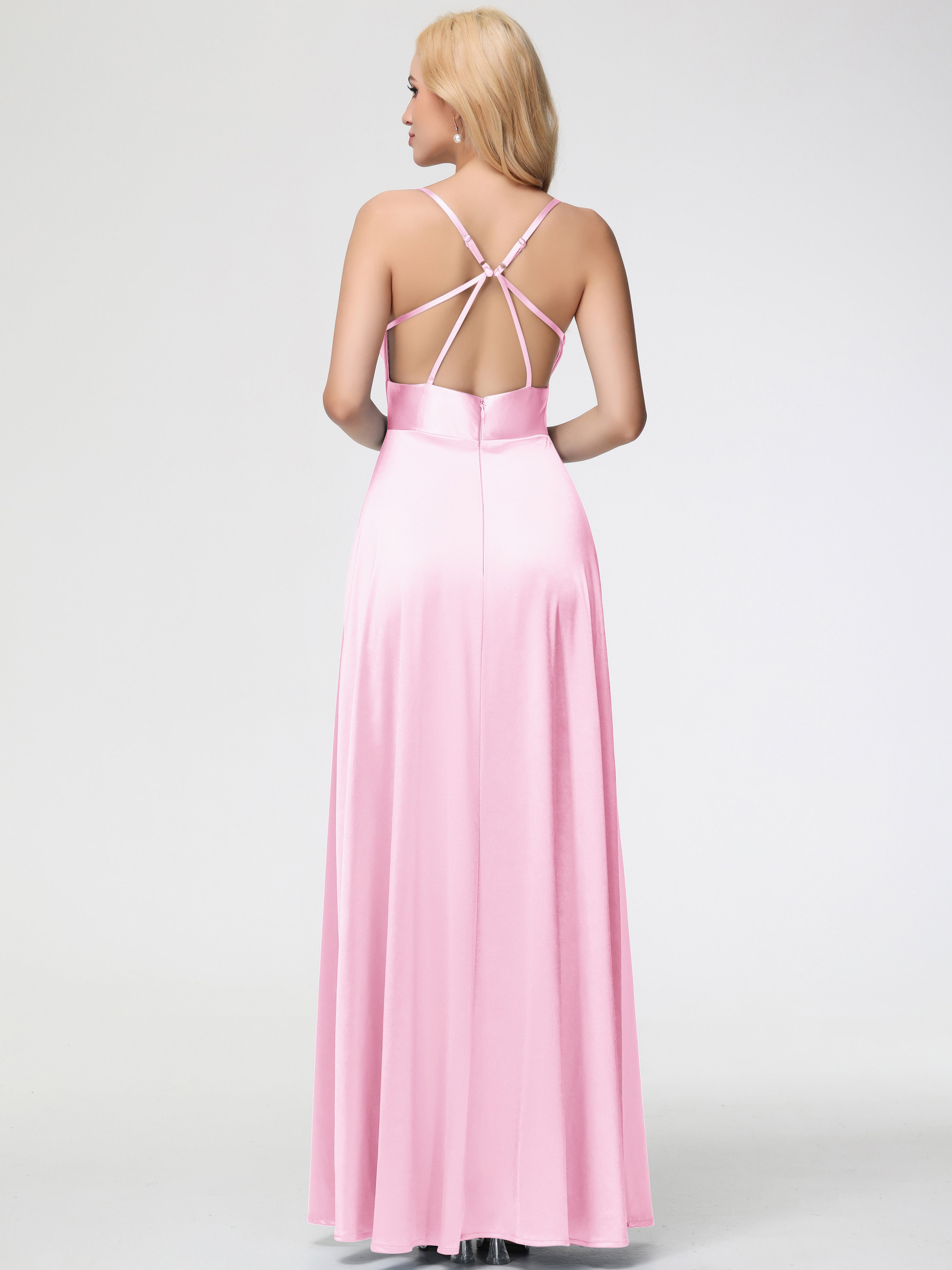 Robes Demoiselle D Honneur ROSE PÂLE Col Bénitier Trapèze Satin Extensible Fendue Robe De Demoiselle D'Honneur