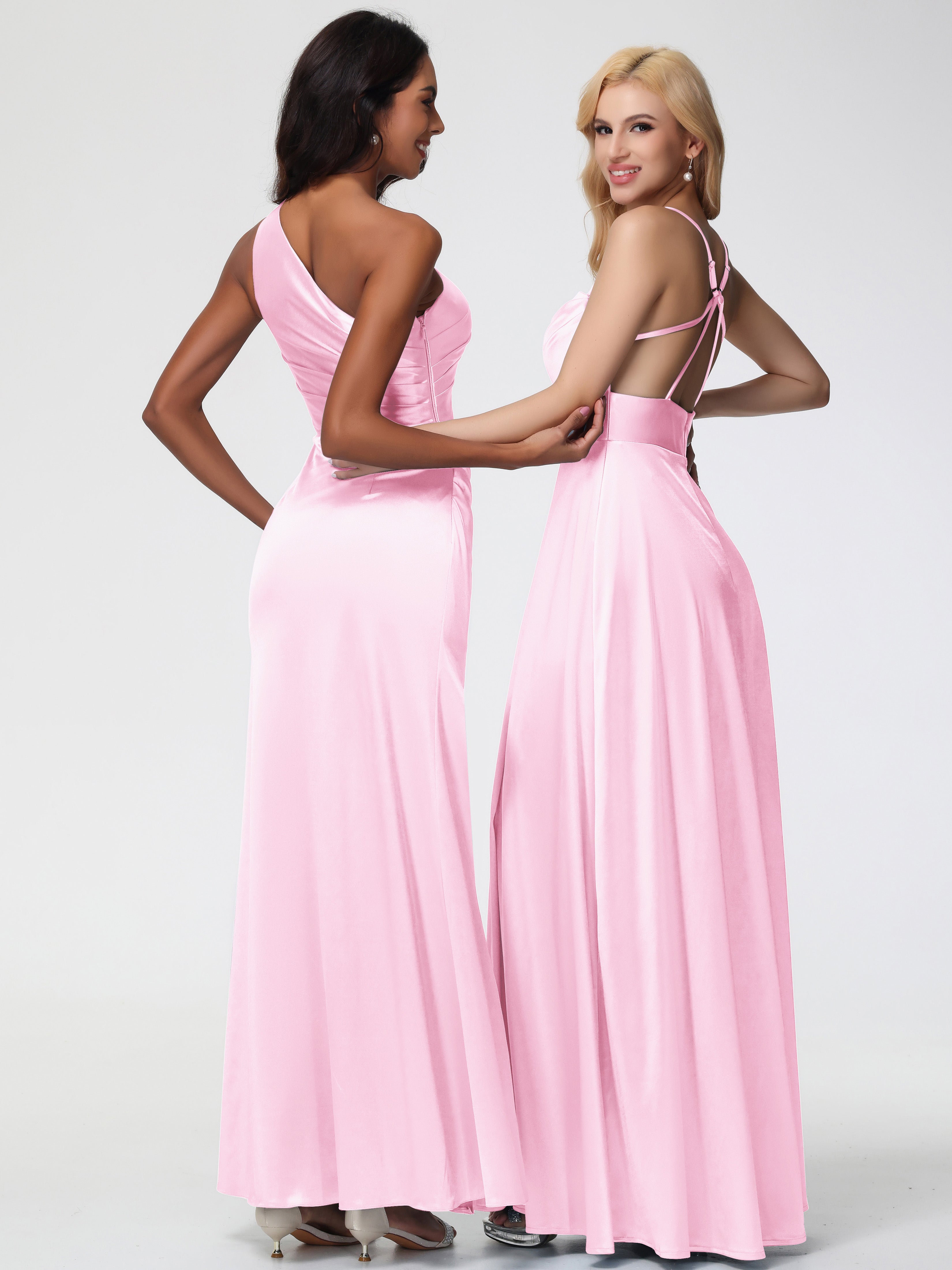 Robes Demoiselle D Honneur ROSE PÂLE Col Bénitier Trapèze Satin Extensible Fendue Robe De Demoiselle D'Honneur