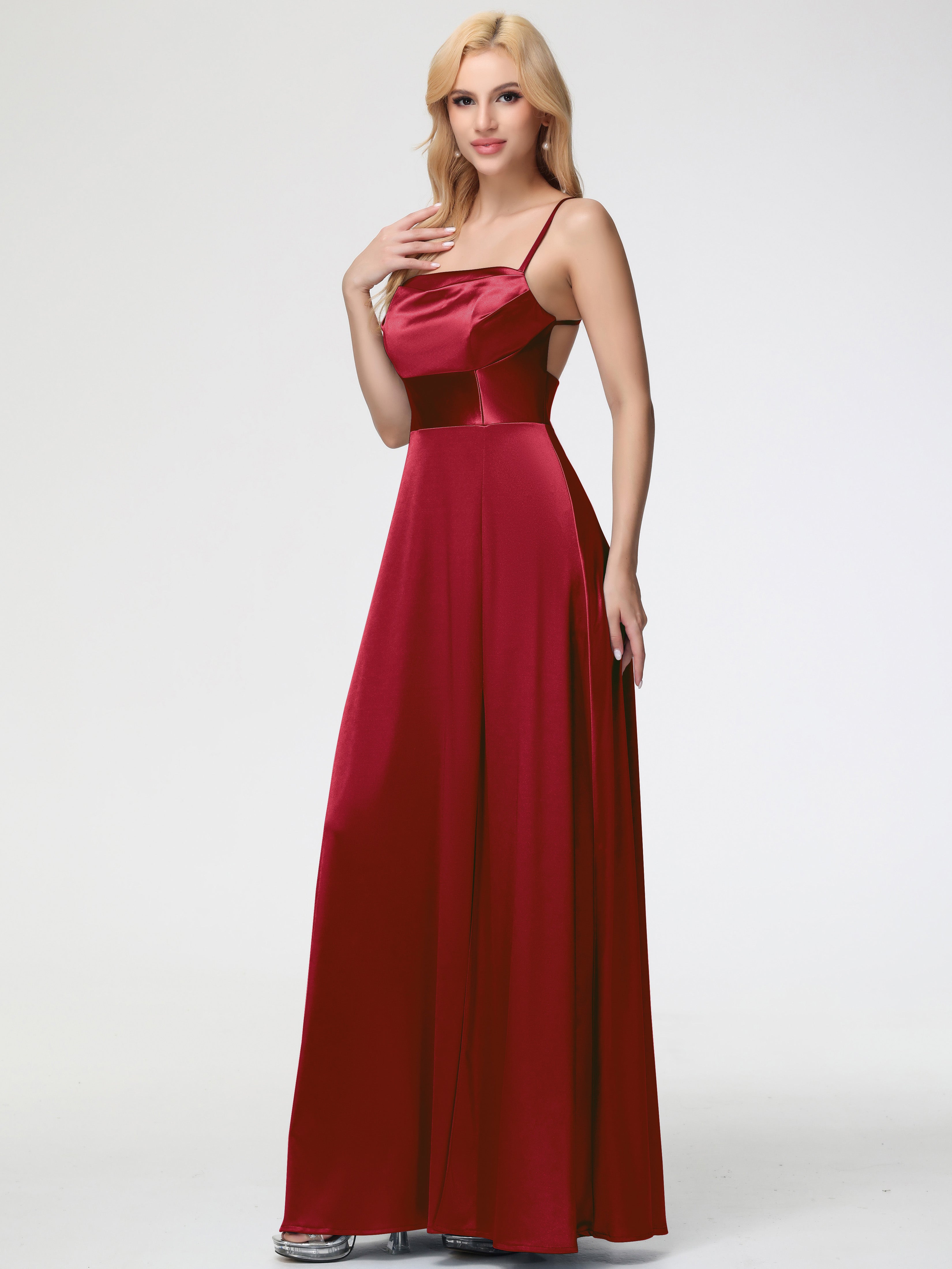 Robe Demoiselle D Honneur Bordeaux Pas Cher Col Bénitier Trapèze Satin Extensible Fendue Robe De Demoiselle D'Honneur