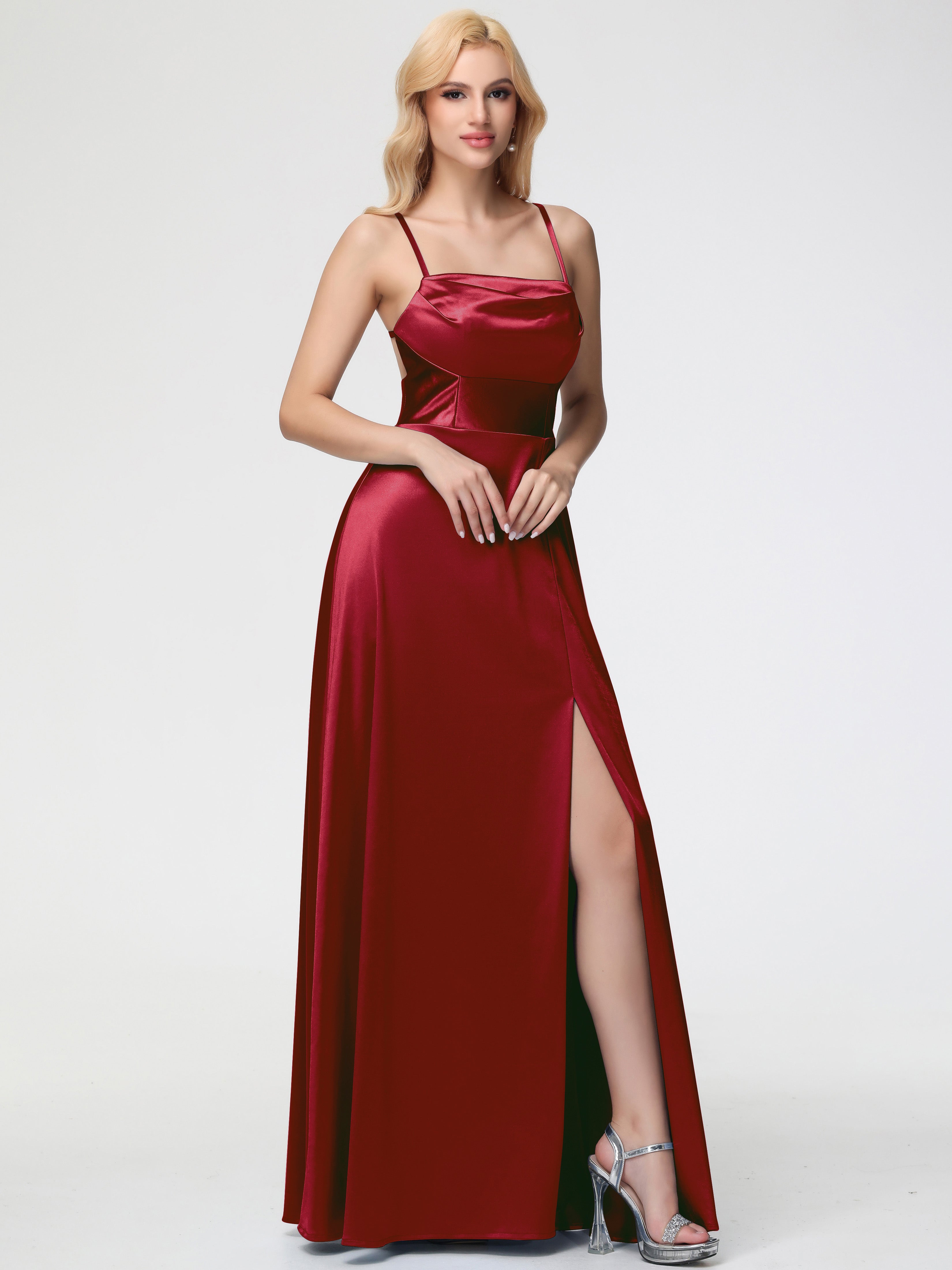 Robe Demoiselle D Honneur Bordeaux Pas Cher Col Bénitier Trapèze Satin Extensible Fendue Robe De Demoiselle D'Honneur