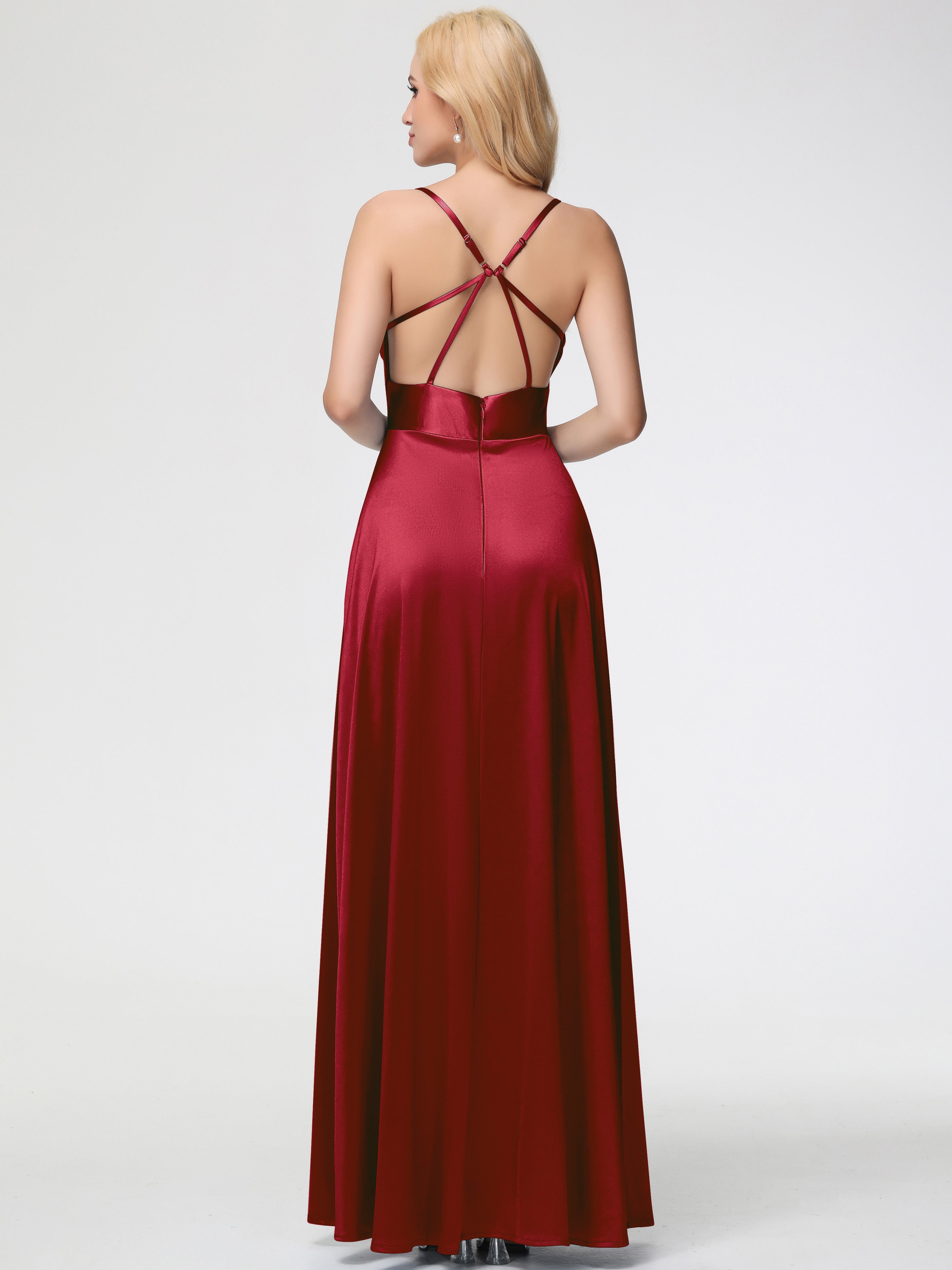 Robe Demoiselle D Honneur Bordeaux Pas Cher Col Bénitier Trapèze Satin Extensible Fendue Robe De Demoiselle D'Honneur
