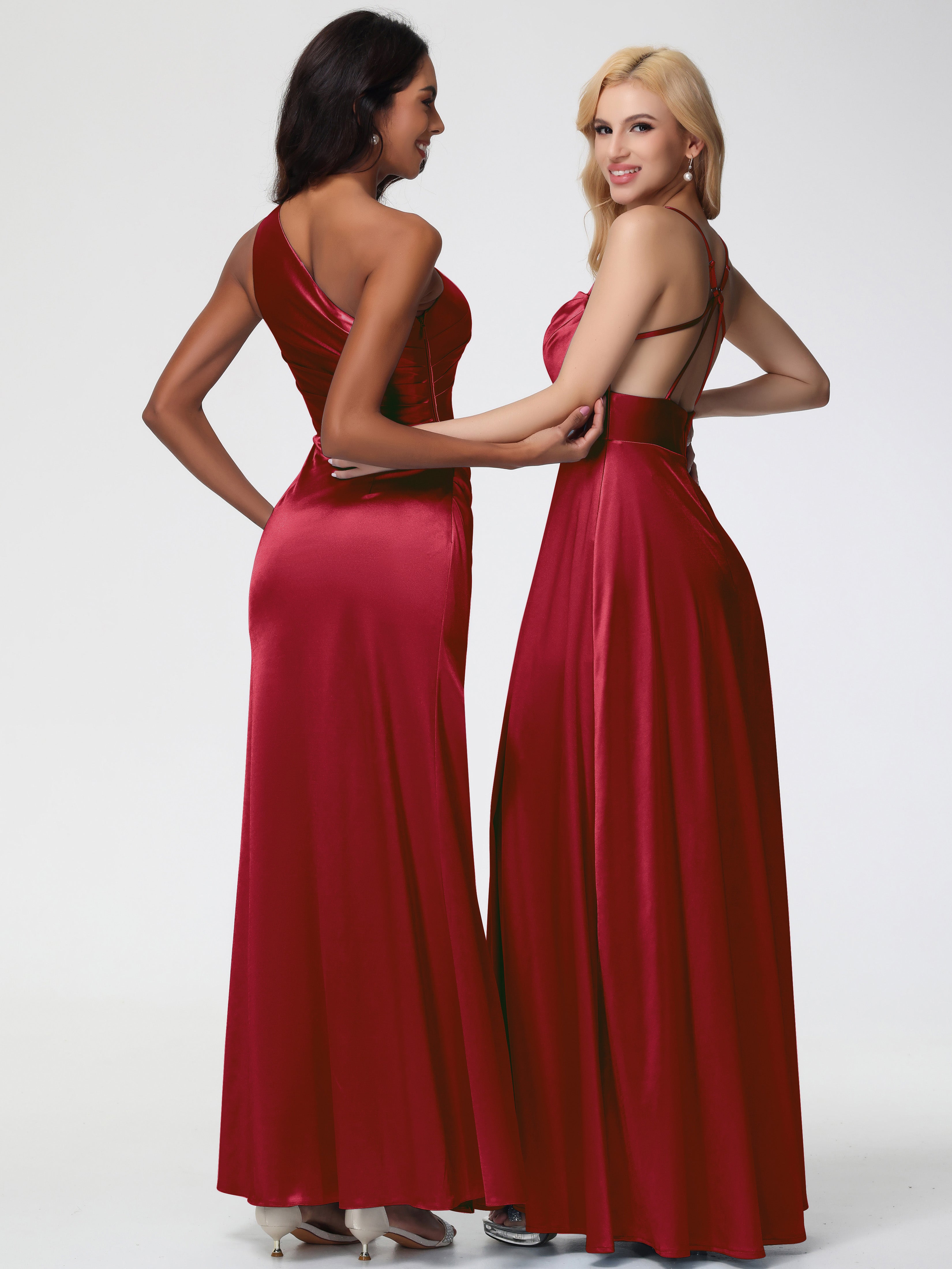 Robe Demoiselle D Honneur Bordeaux Pas Cher Col Bénitier Trapèze Satin Extensible Fendue Robe De Demoiselle D'Honneur