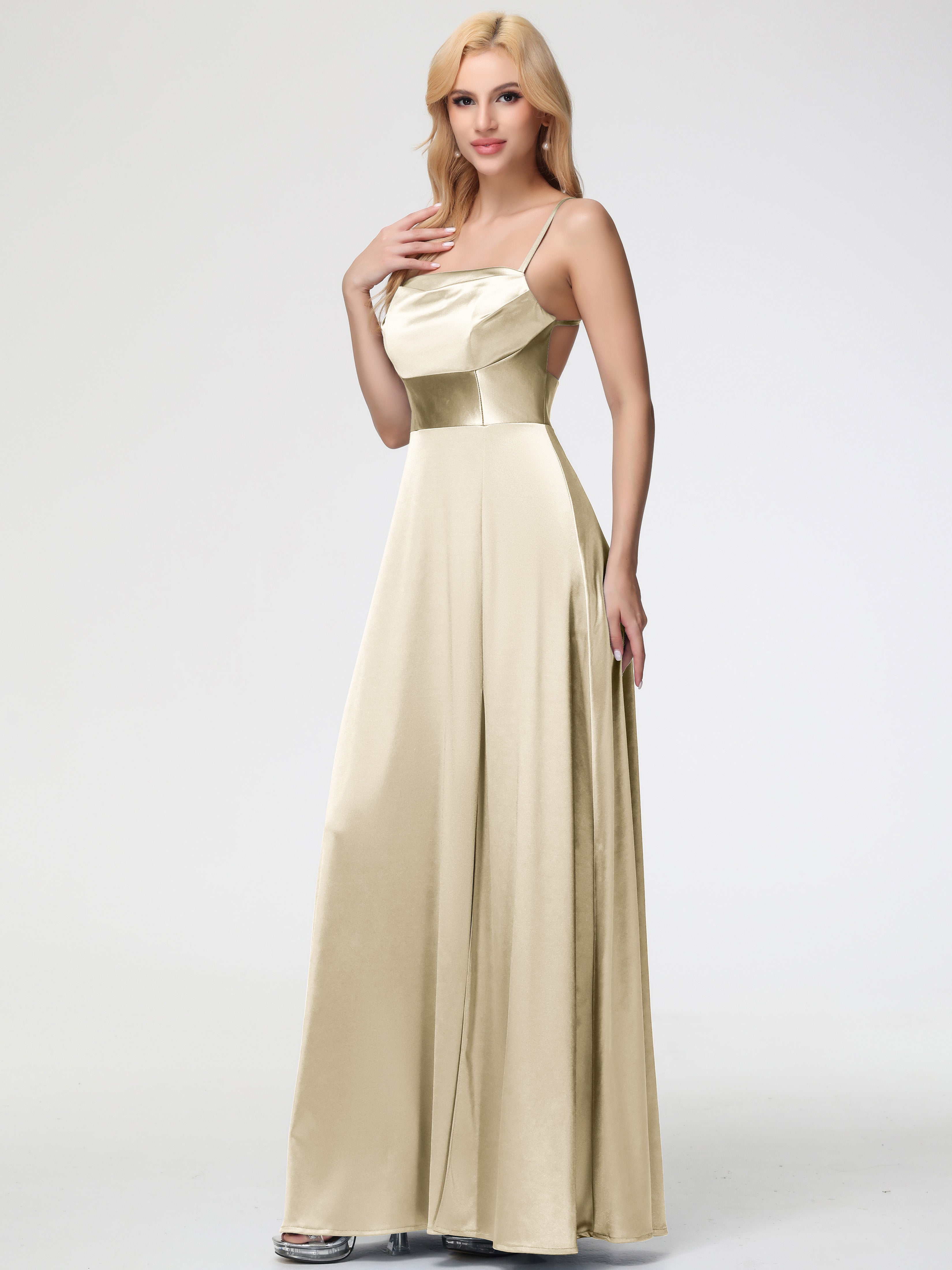 Robe Demoiselle Dhonneur Champagne Col Bénitier Trapèze Satin Extensible Fendue Robe De Demoiselle D'Honneur