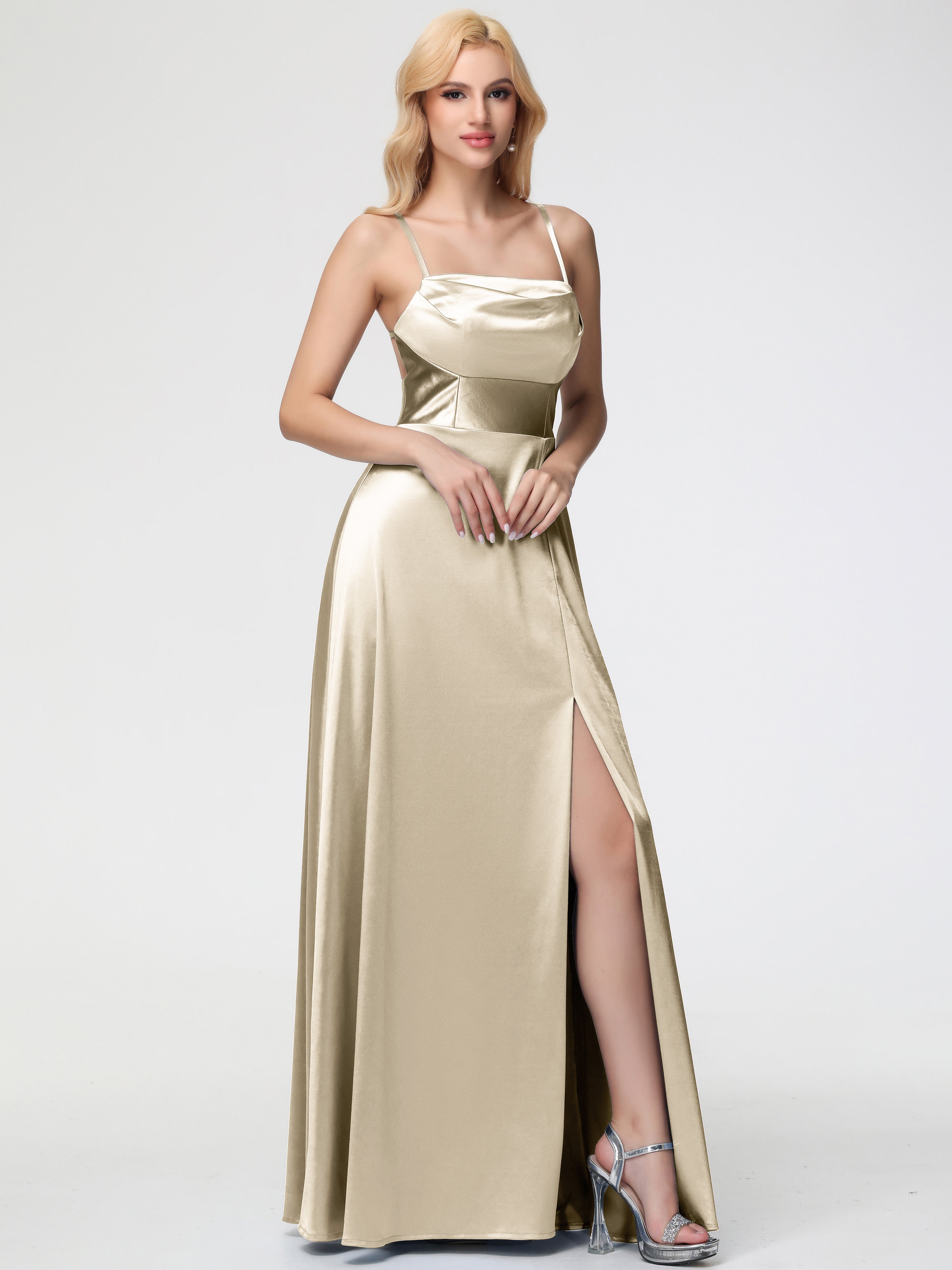 Robe Demoiselle Dhonneur Champagne Col Bénitier Trapèze Satin Extensible Fendue Robe De Demoiselle D'Honneur