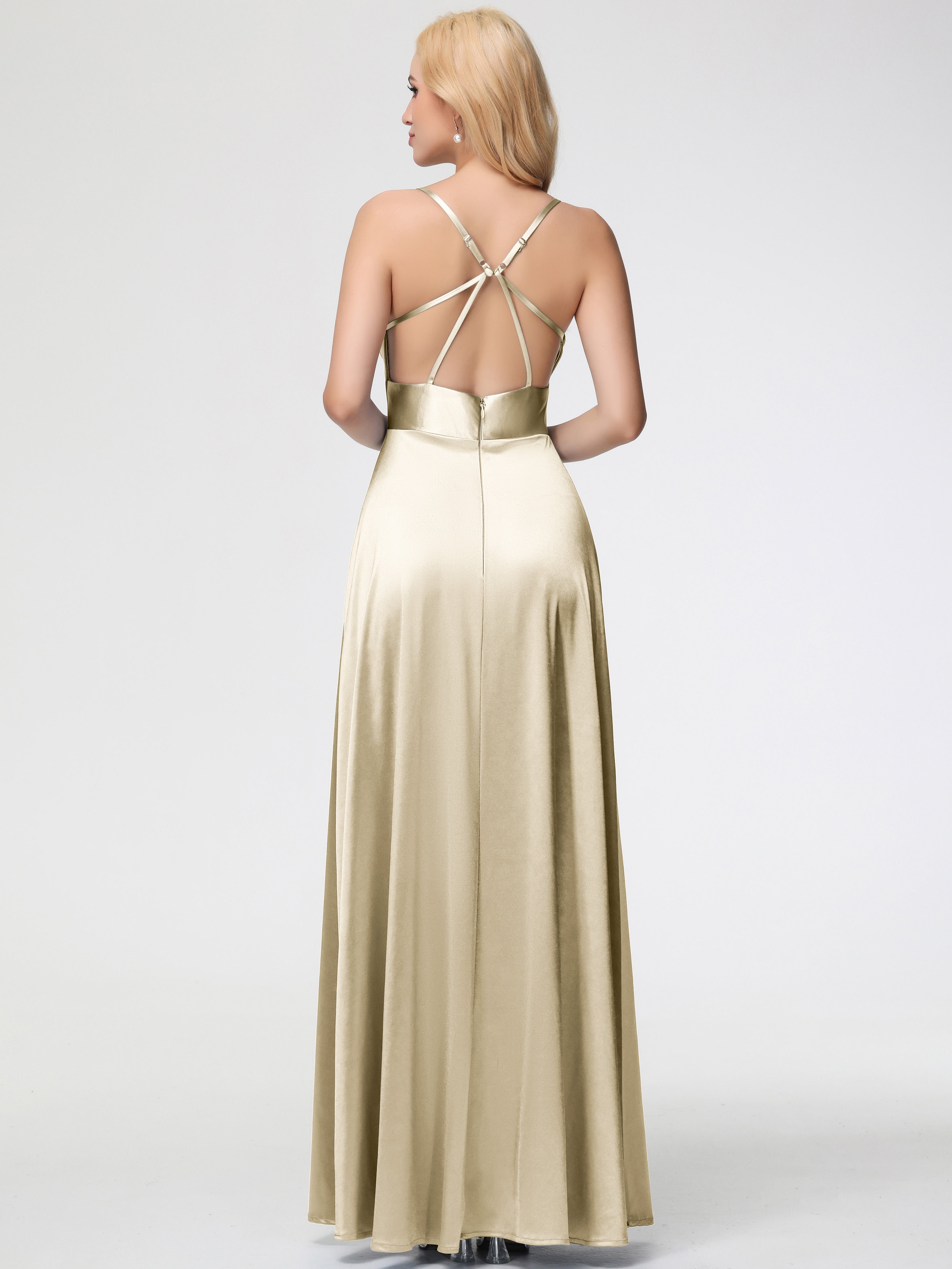 Robe Demoiselle Dhonneur Champagne Col Bénitier Trapèze Satin Extensible Fendue Robe De Demoiselle D'Honneur