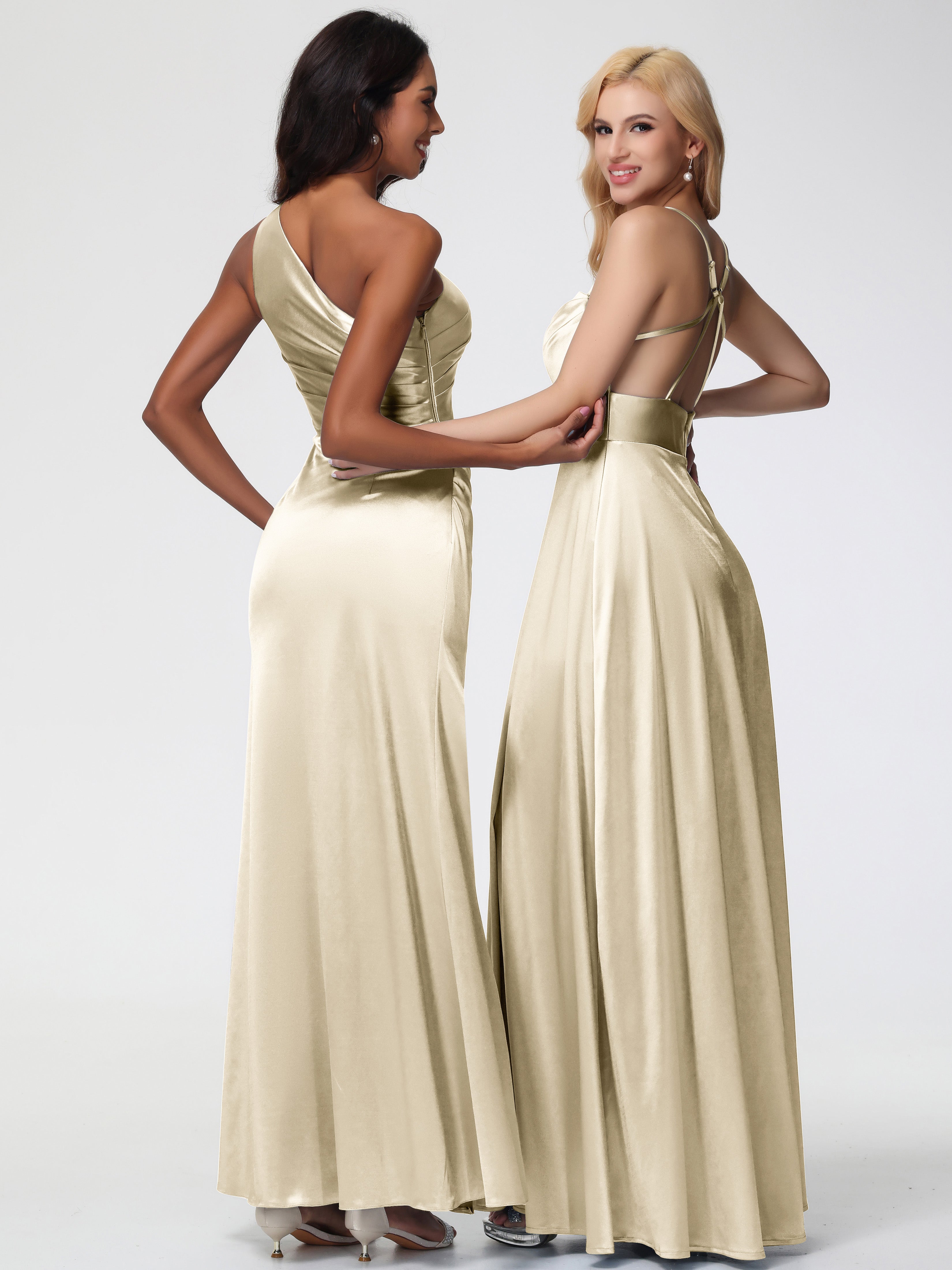 Robe Demoiselle Dhonneur Champagne Col Bénitier Trapèze Satin Extensible Fendue Robe De Demoiselle D'Honneur
