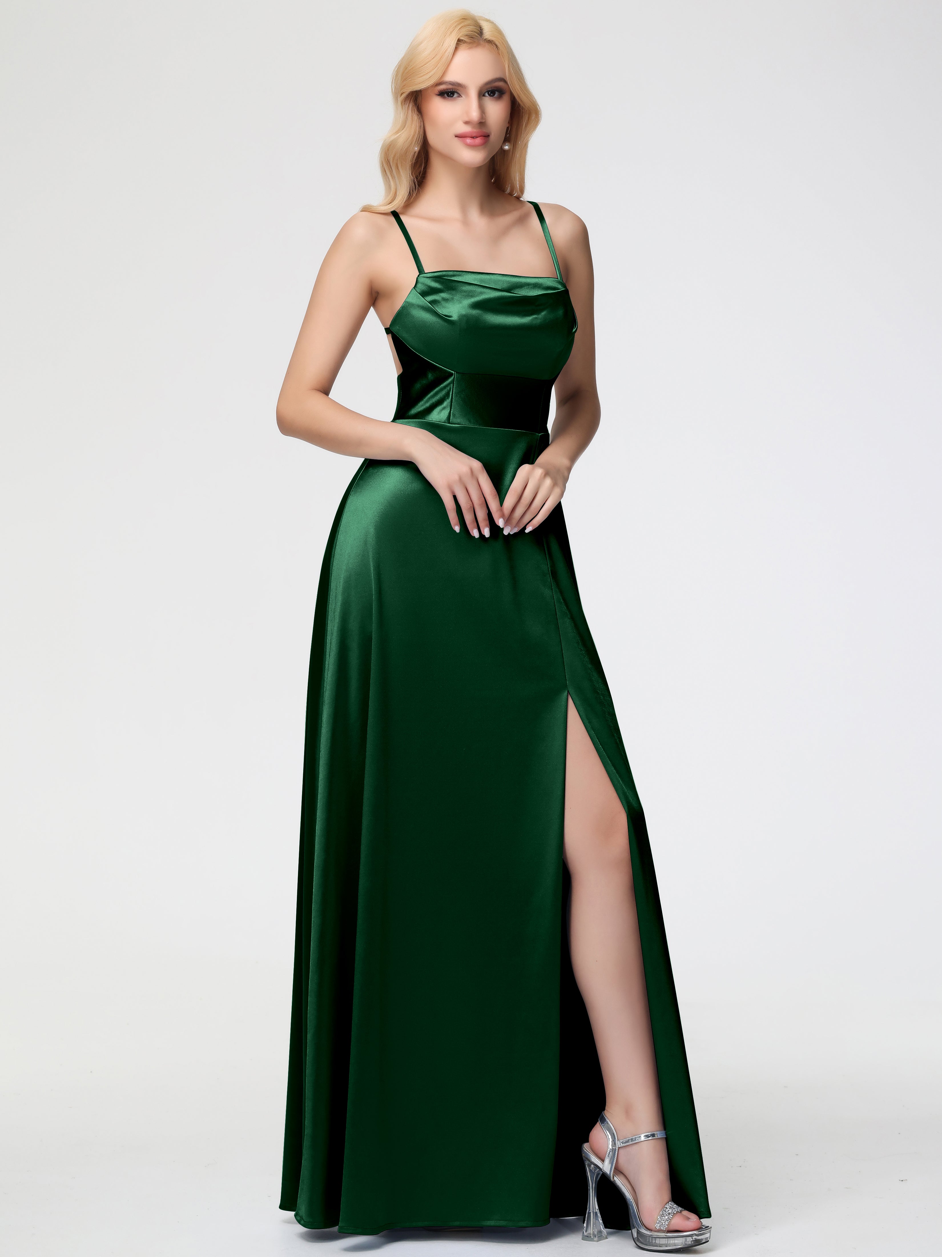 Robe Demoiselle D Honneur Vert Fonce Col Bénitier Trapèze Satin Extensible Fendue Robe De Demoiselle D'Honneur