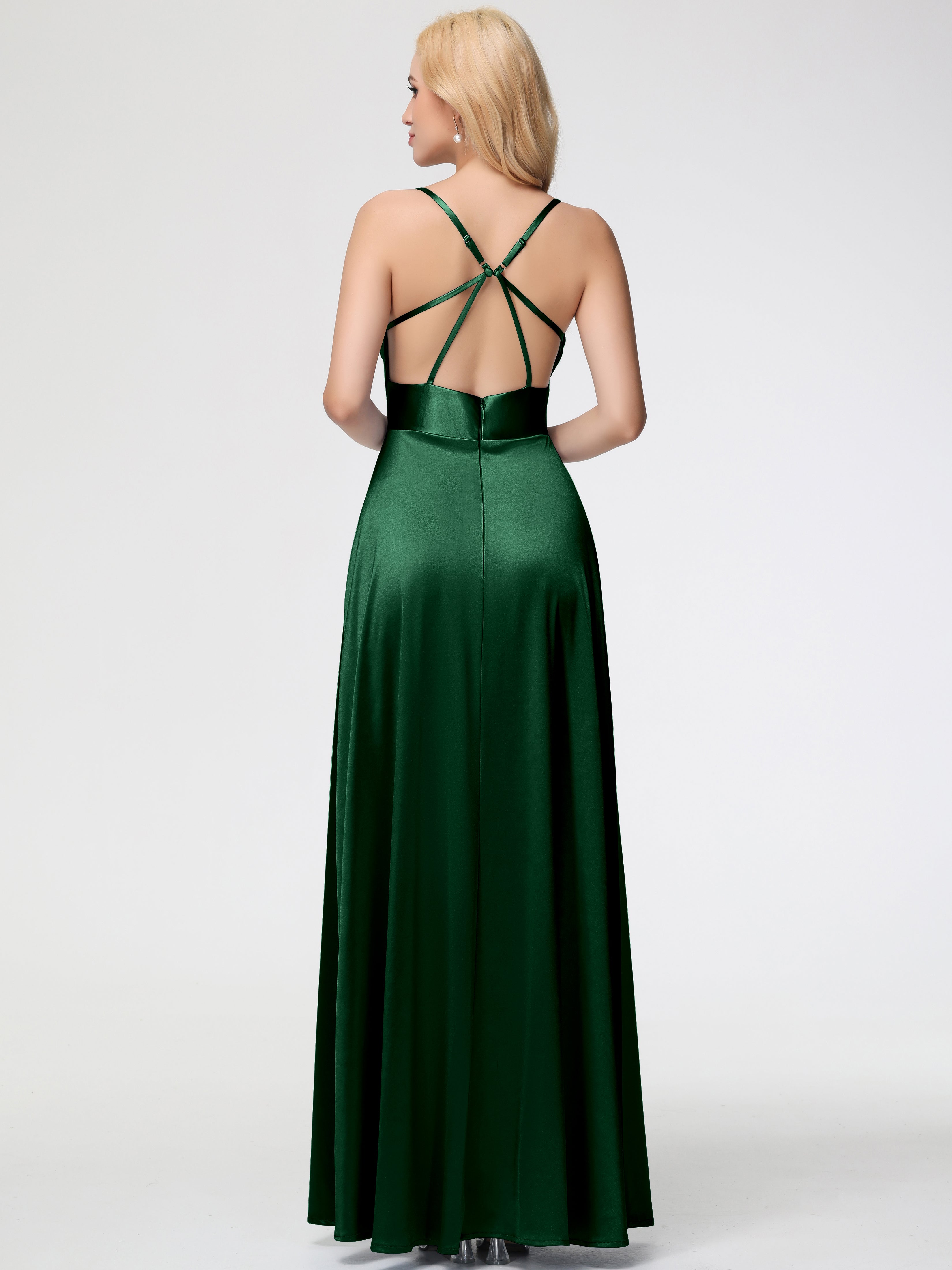 Robe Demoiselle D Honneur Vert Fonce Col Bénitier Trapèze Satin Extensible Fendue Robe De Demoiselle D'Honneur