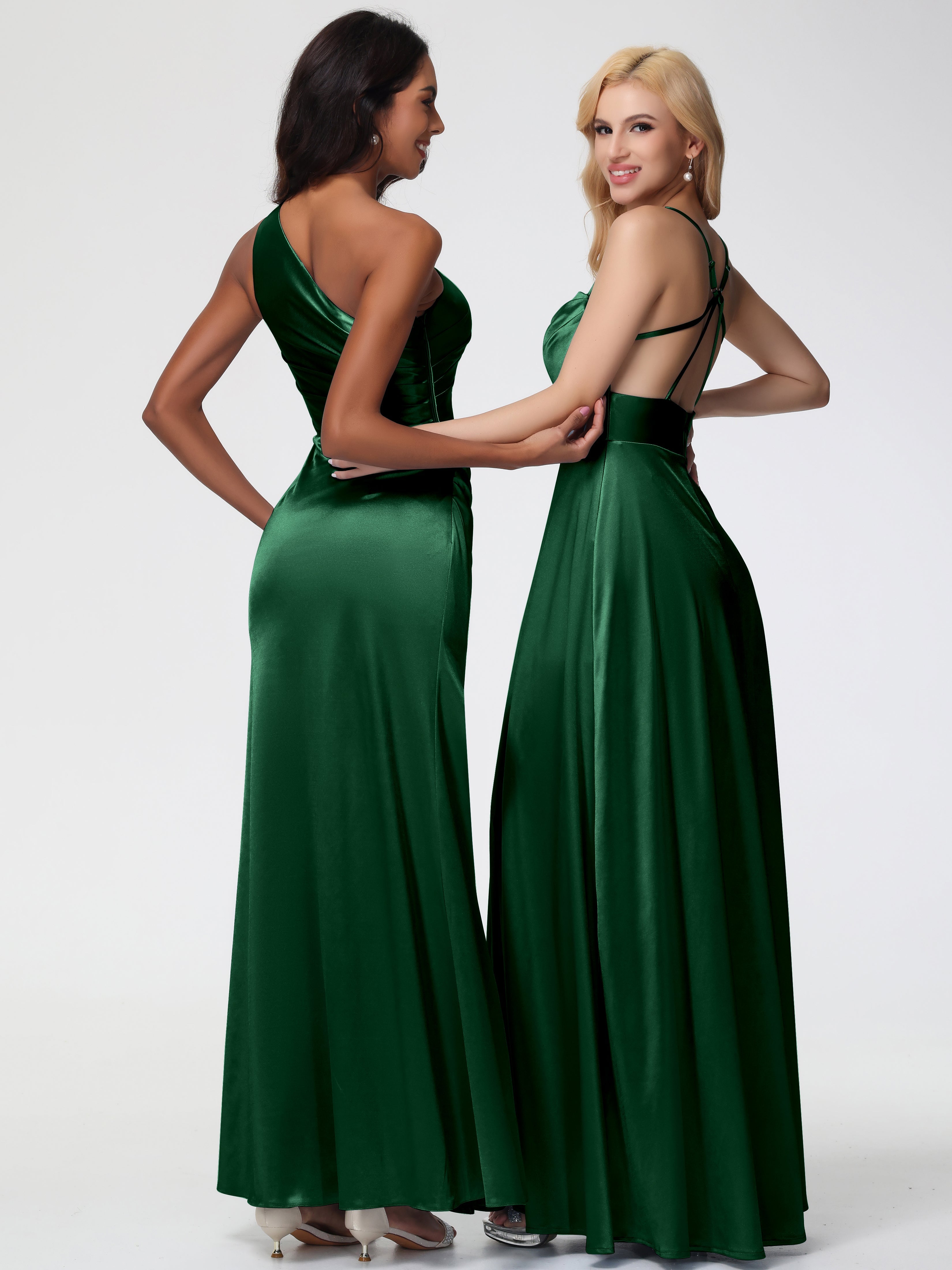 Robe Demoiselle D Honneur Vert Fonce Col Bénitier Trapèze Satin Extensible Fendue Robe De Demoiselle D'Honneur