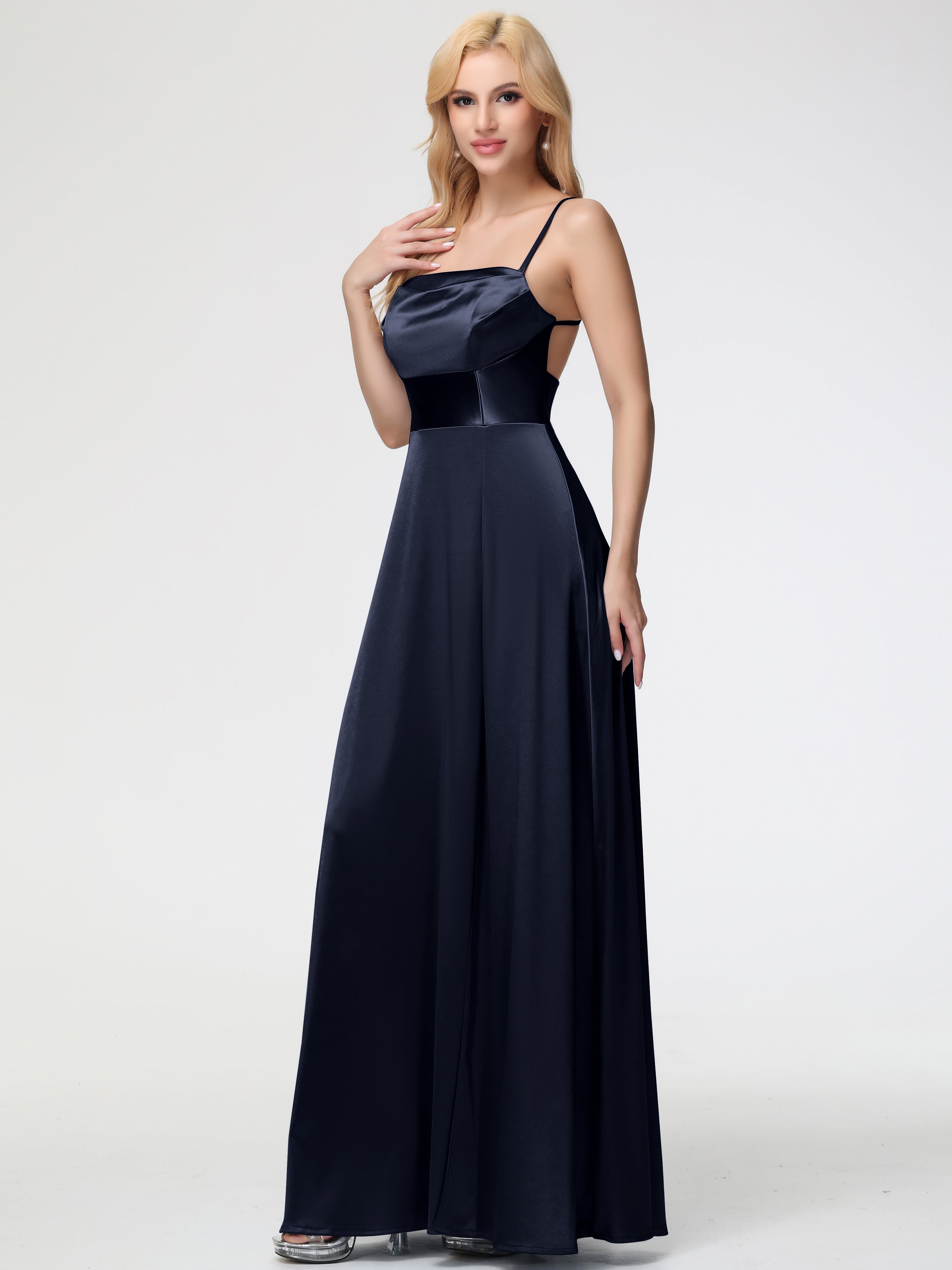 Demoiselle D Honneur Bleu Marine Col Bénitier Trapèze Satin Extensible Fendue Robe De Demoiselle D'Honneur