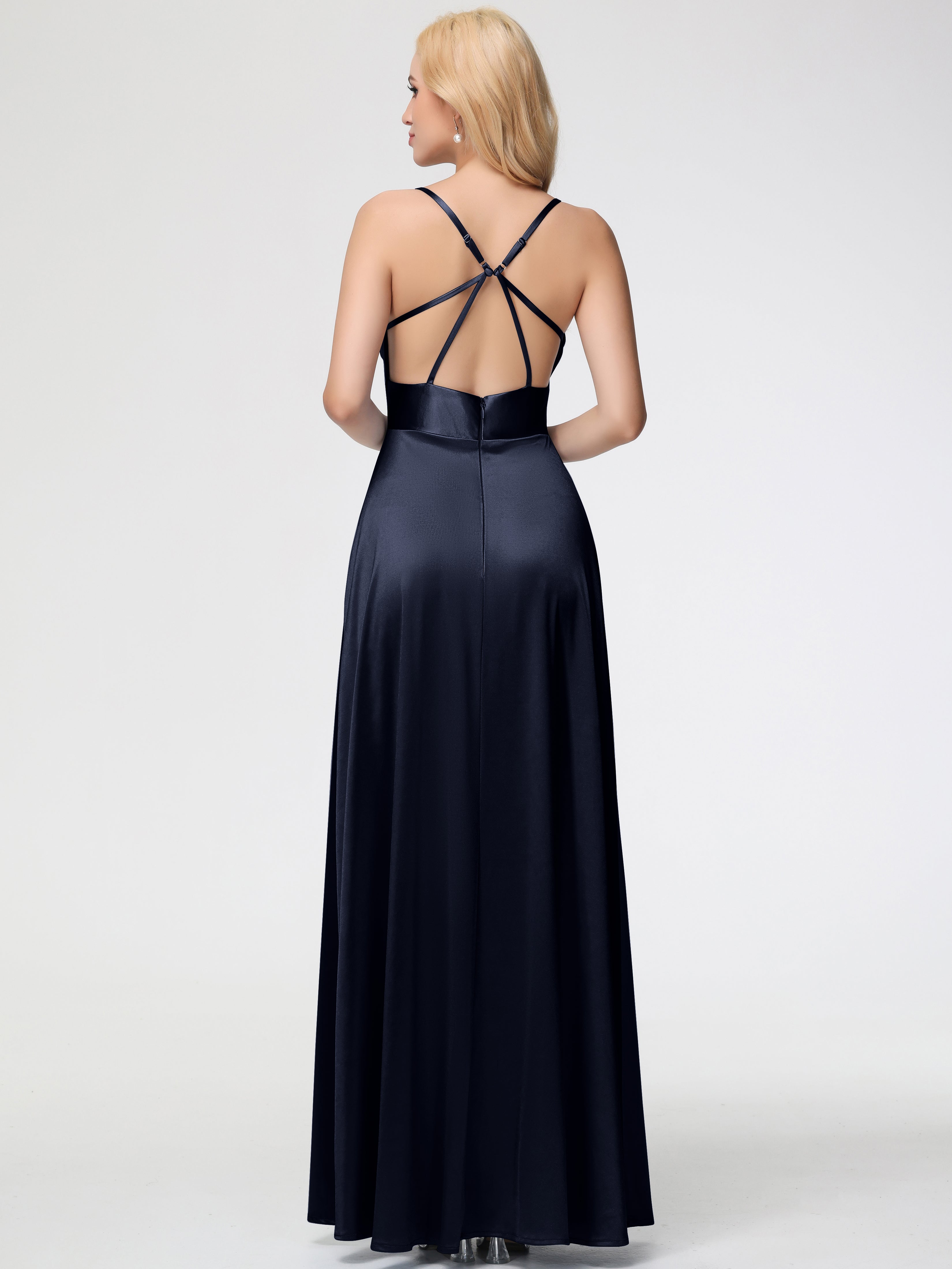 Demoiselle D Honneur Bleu Marine Col Bénitier Trapèze Satin Extensible Fendue Robe De Demoiselle D'Honneur