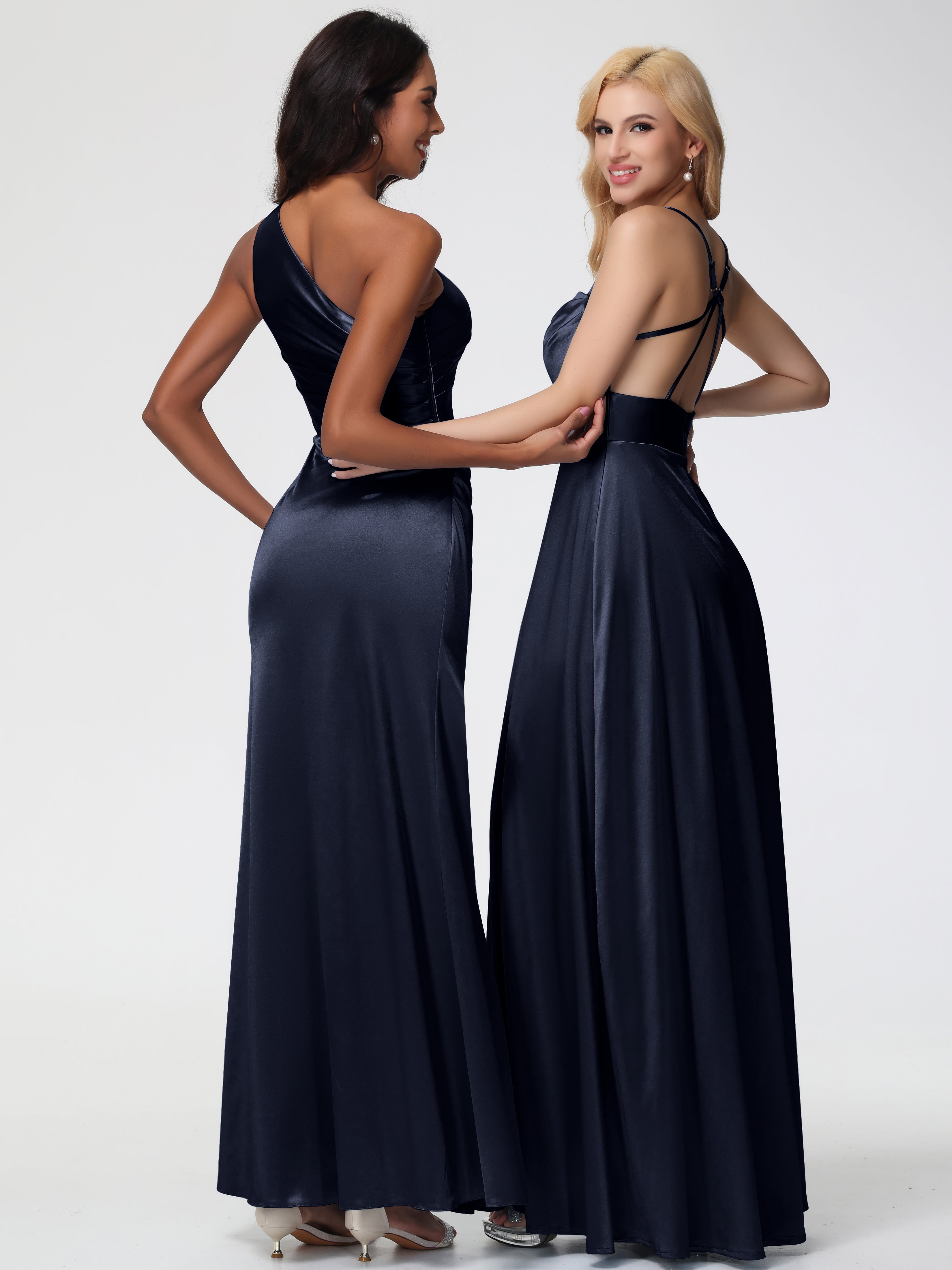 Demoiselle D Honneur Bleu Marine Col Bénitier Trapèze Satin Extensible Fendue Robe De Demoiselle D'Honneur