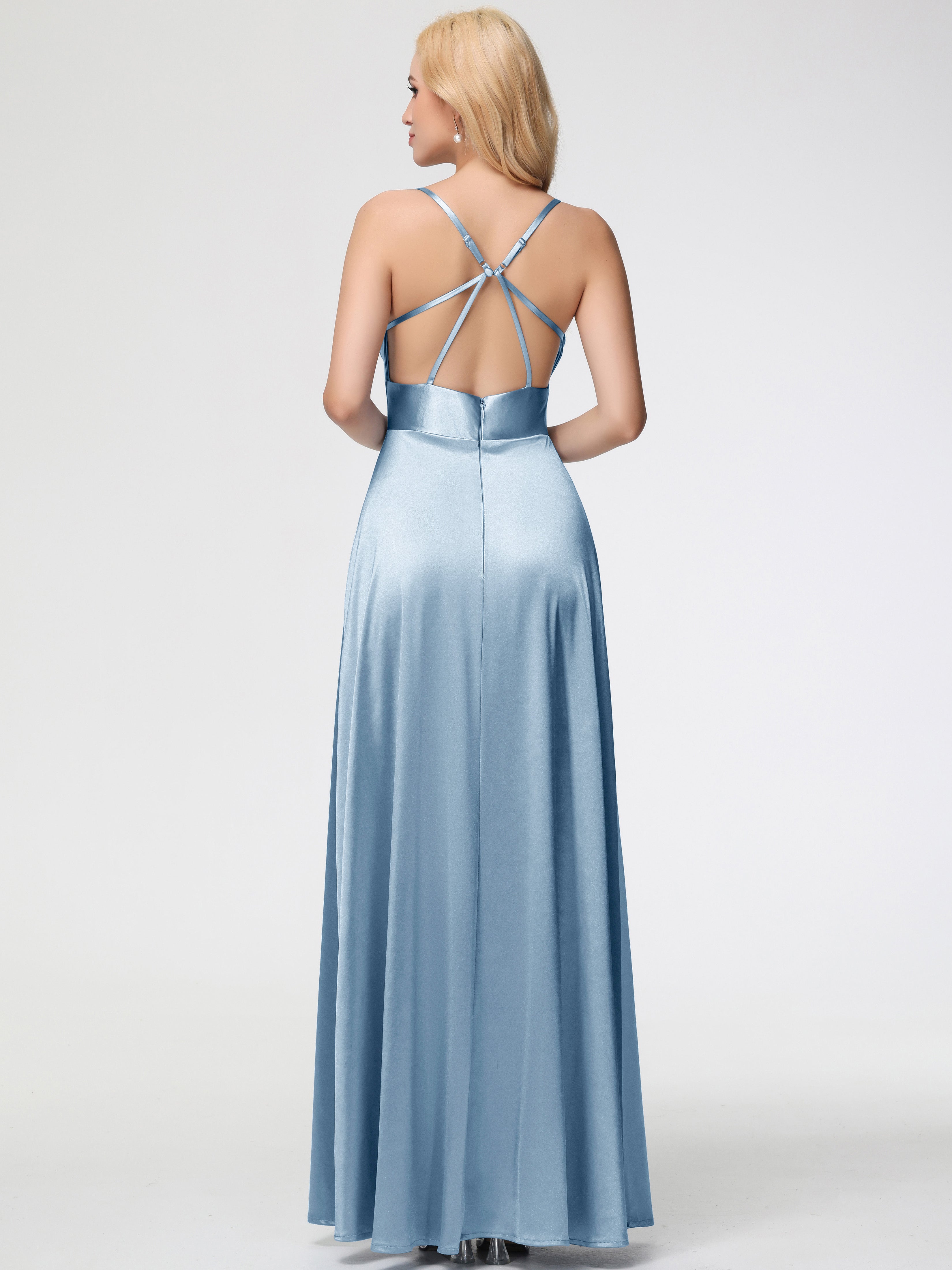 Robes De Demoiselle D'Honneur Bleu Gris Col Bénitier Trapèze Satin Extensible Fendue Robe De Demoiselle D'Honneur