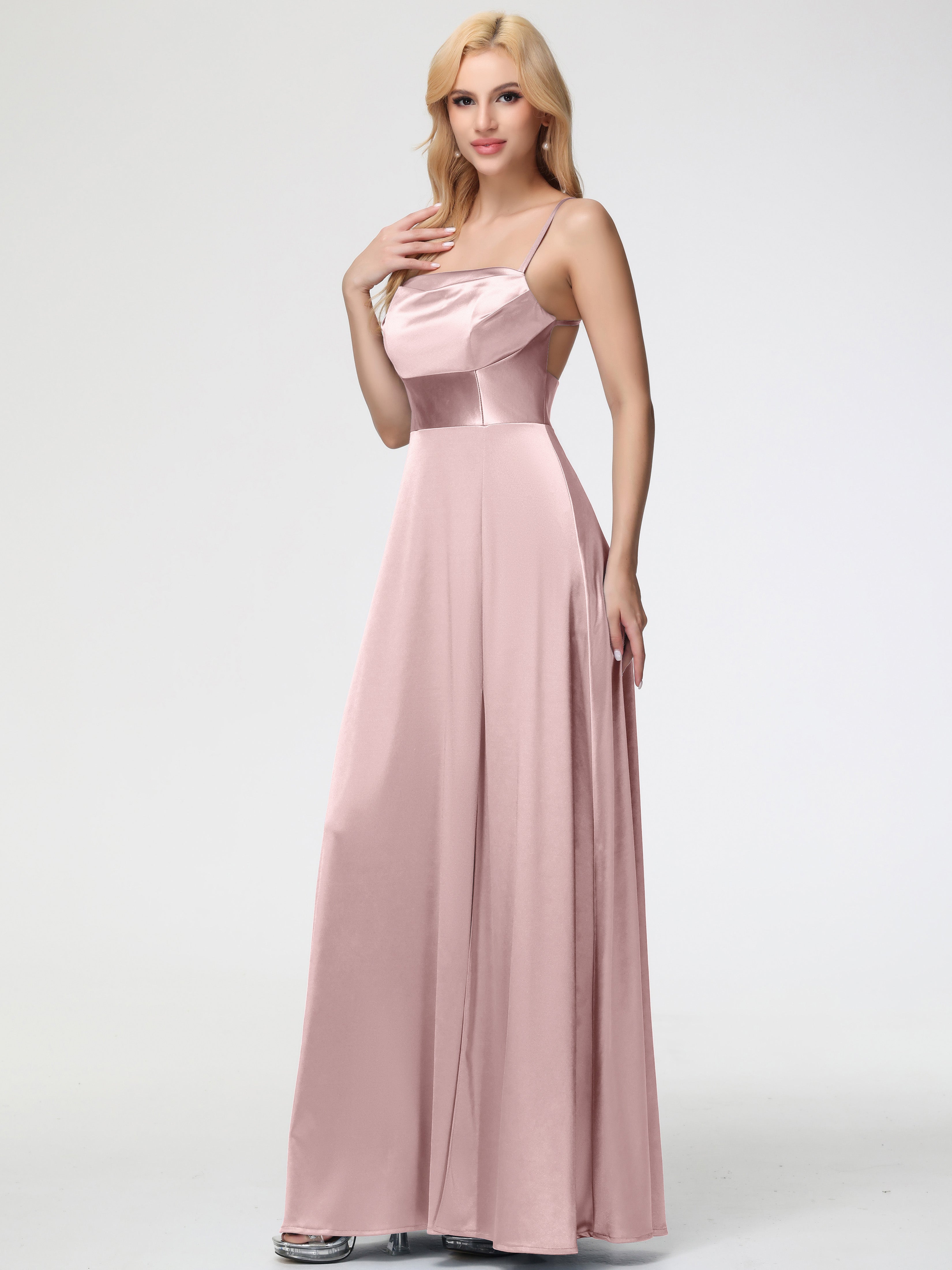 Robe Demoiselle D Honneur Rose Poudree Col Bénitier Trapèze Satin Extensible Fendue Robe De Demoiselle D'Honneur