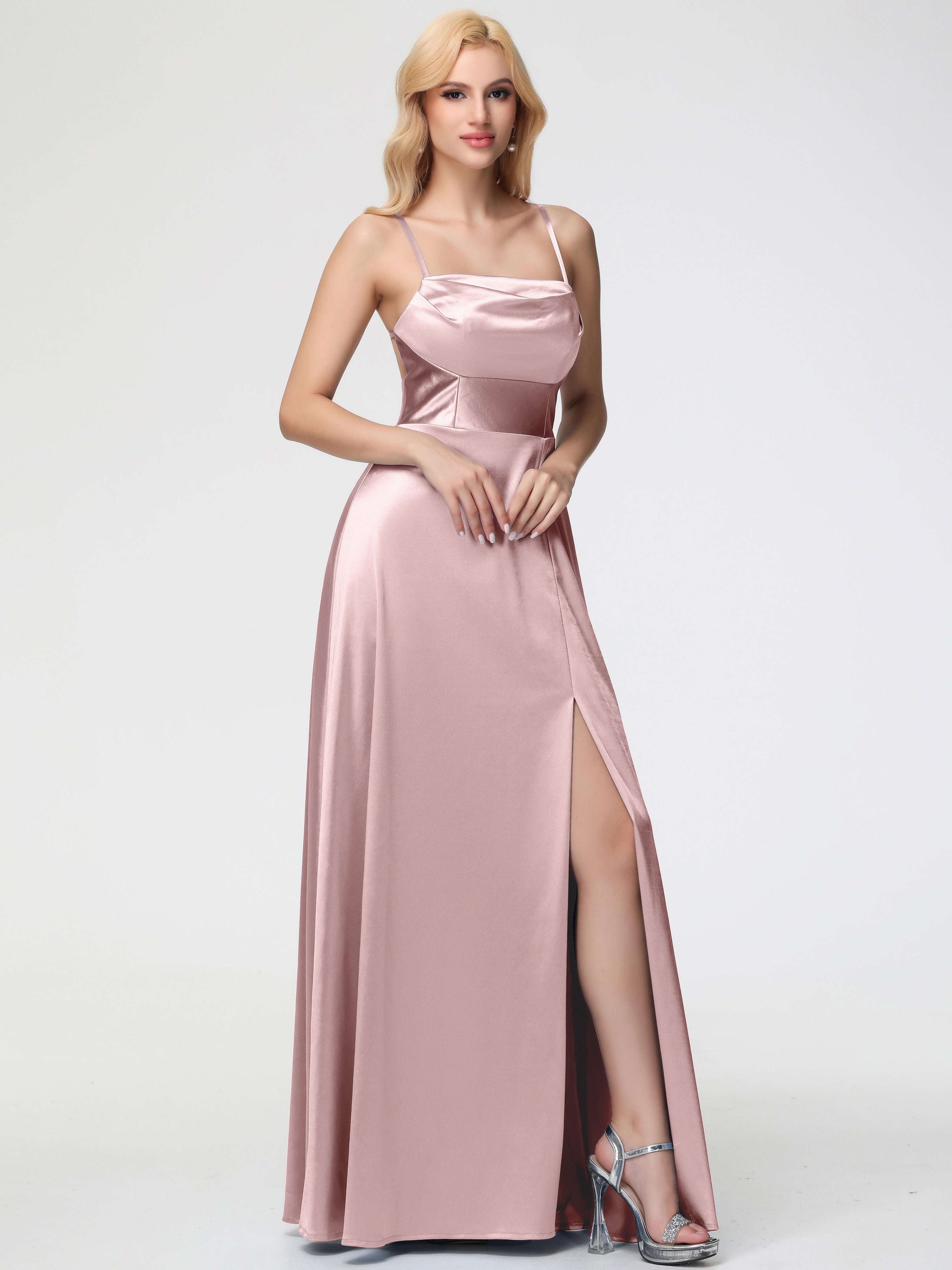 Robe Demoiselle D Honneur Rose Poudree Col Bénitier Trapèze Satin Extensible Fendue Robe De Demoiselle D'Honneur