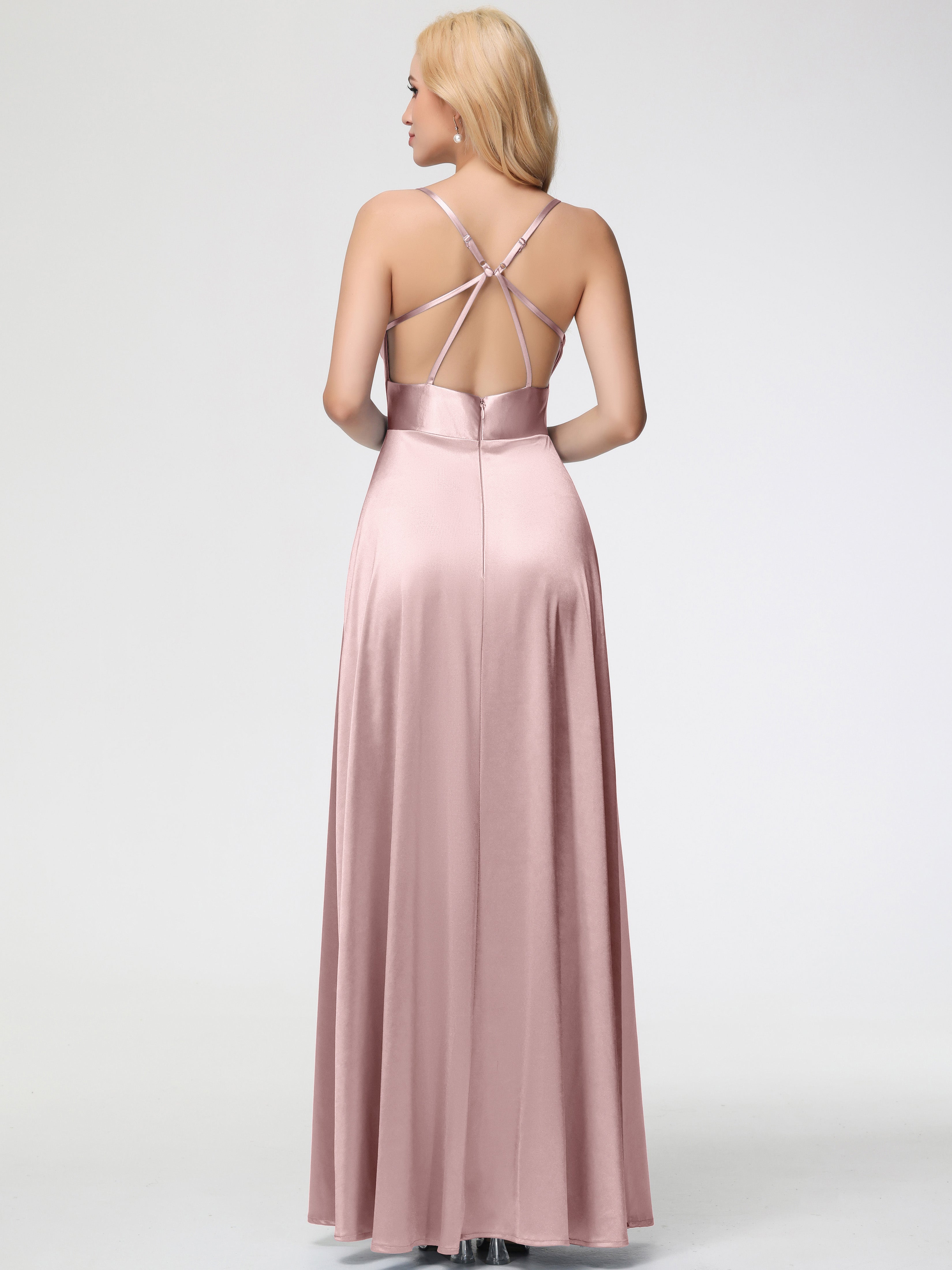 Robe Demoiselle D Honneur Rose Poudree Col Bénitier Trapèze Satin Extensible Fendue Robe De Demoiselle D'Honneur