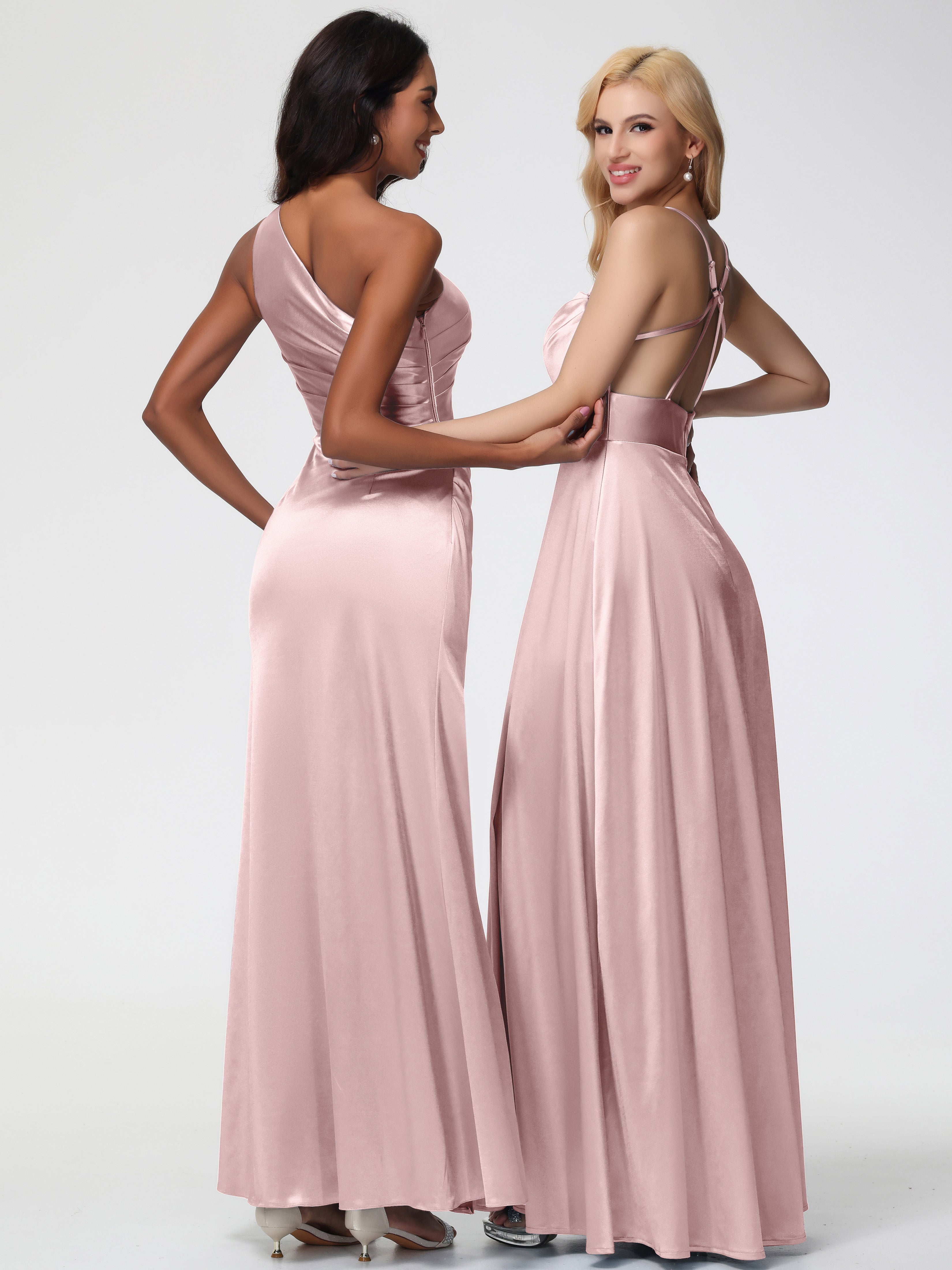 Robe Demoiselle D Honneur Rose Poudree Col Bénitier Trapèze Satin Extensible Fendue Robe De Demoiselle D'Honneur