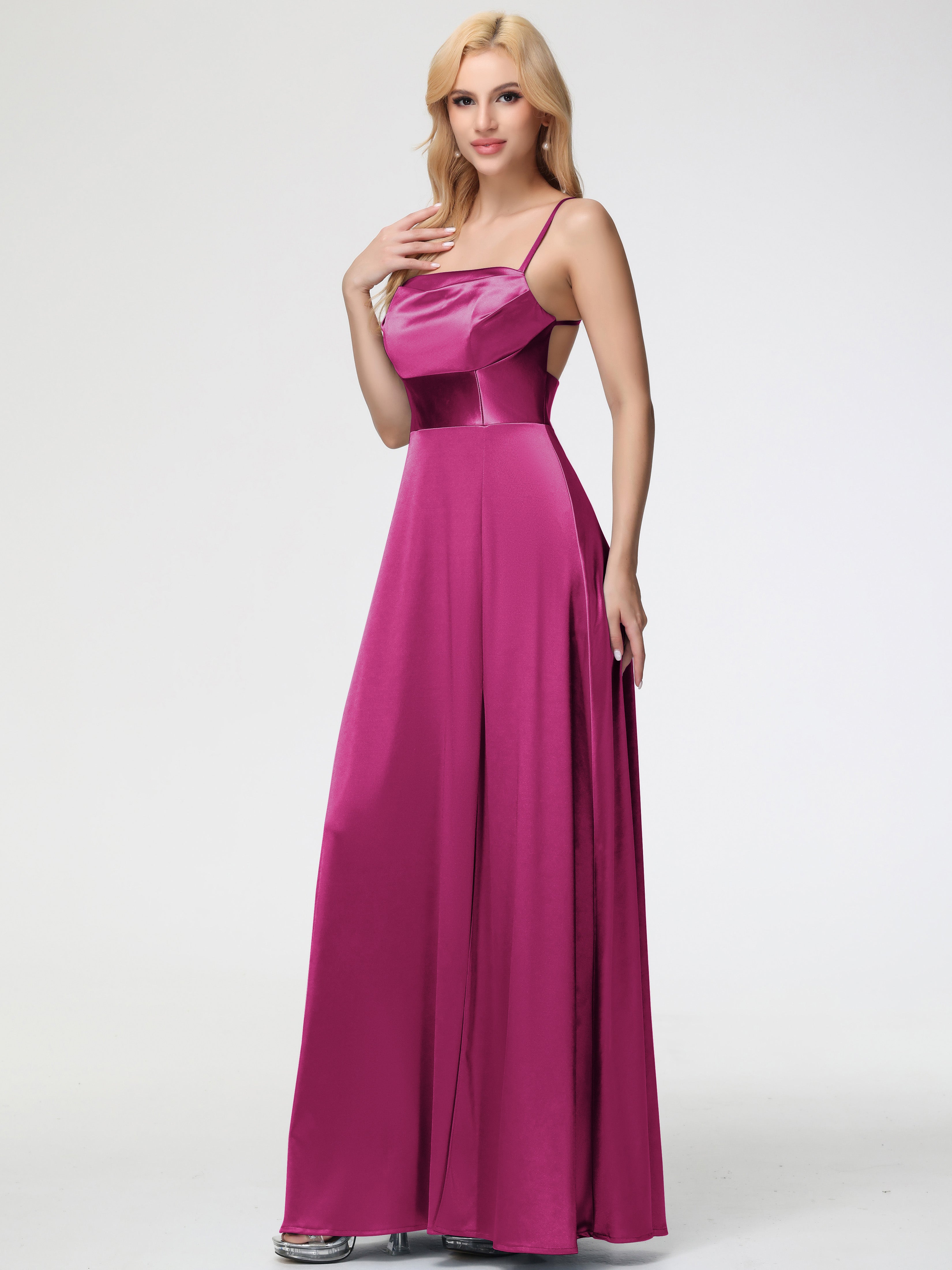 Robe Demoiselle D Honneur Rose Fuchsia Col Bénitier Trapèze Satin Extensible Fendue Robe De Demoiselle D'Honneur