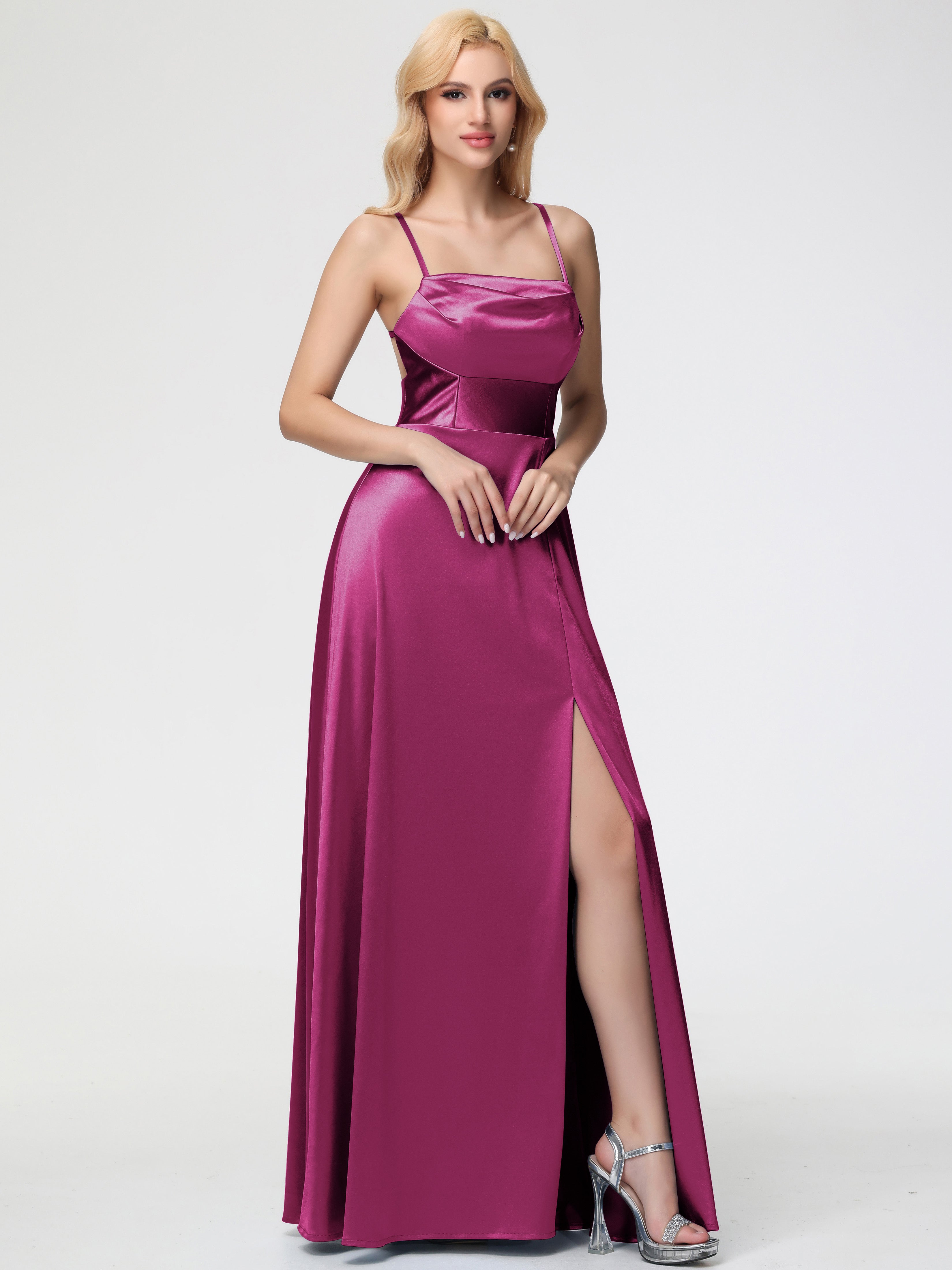 Robe Demoiselle D Honneur Rose Fuchsia Col Bénitier Trapèze Satin Extensible Fendue Robe De Demoiselle D'Honneur