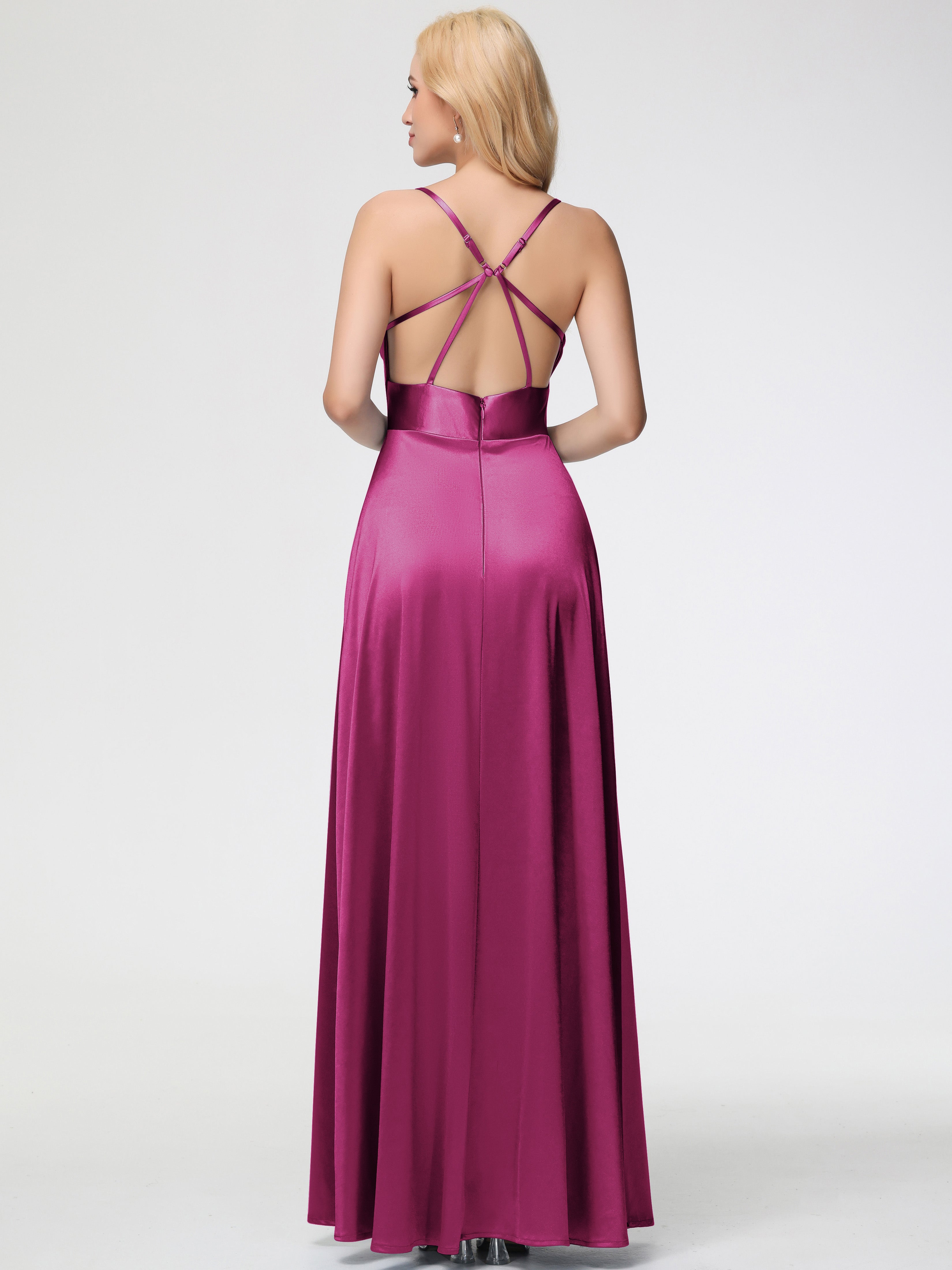 Robe Demoiselle D Honneur Rose Fuchsia Col Bénitier Trapèze Satin Extensible Fendue Robe De Demoiselle D'Honneur