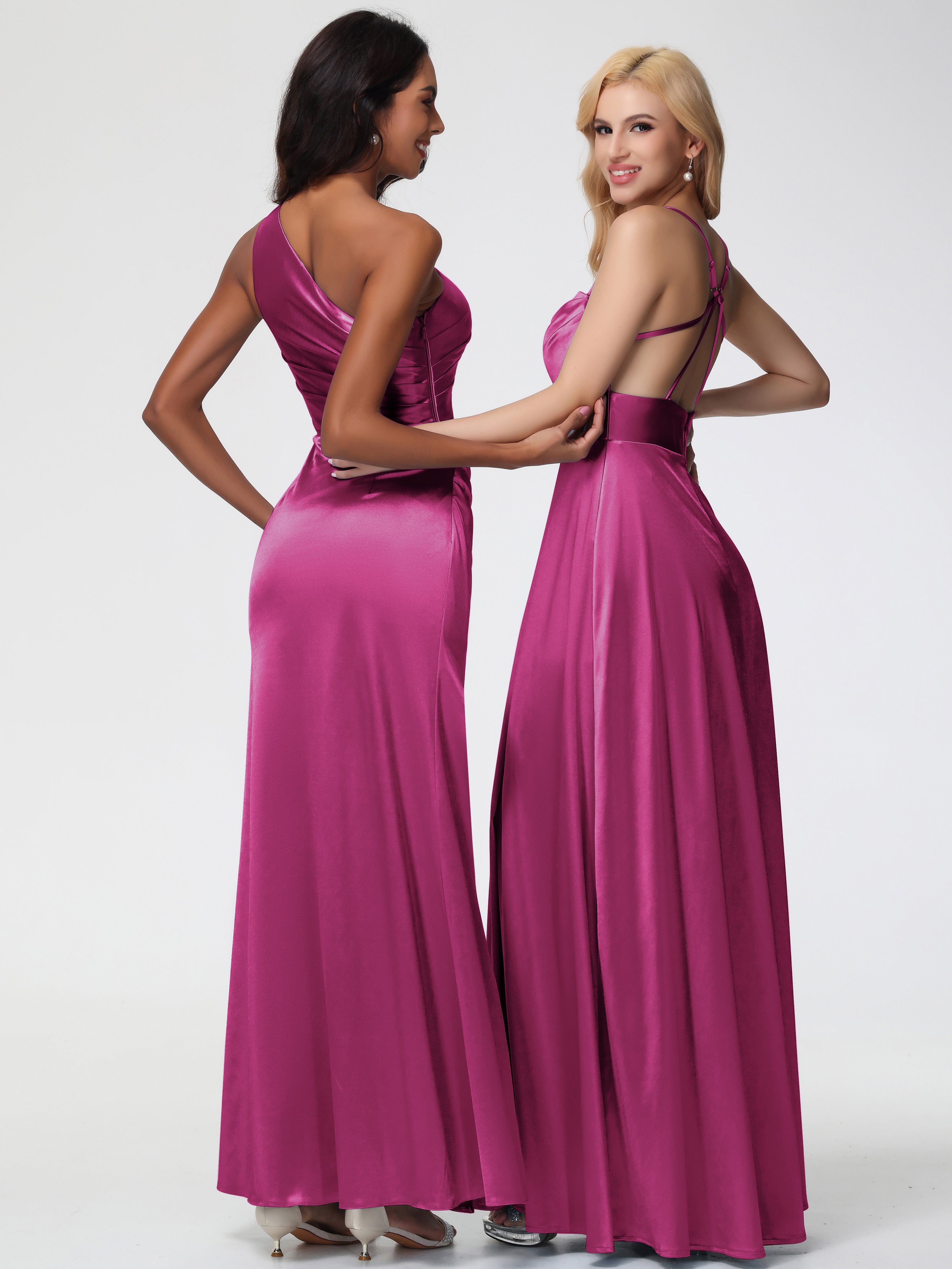 Robe Demoiselle D Honneur Rose Fuchsia Col Bénitier Trapèze Satin Extensible Fendue Robe De Demoiselle D'Honneur