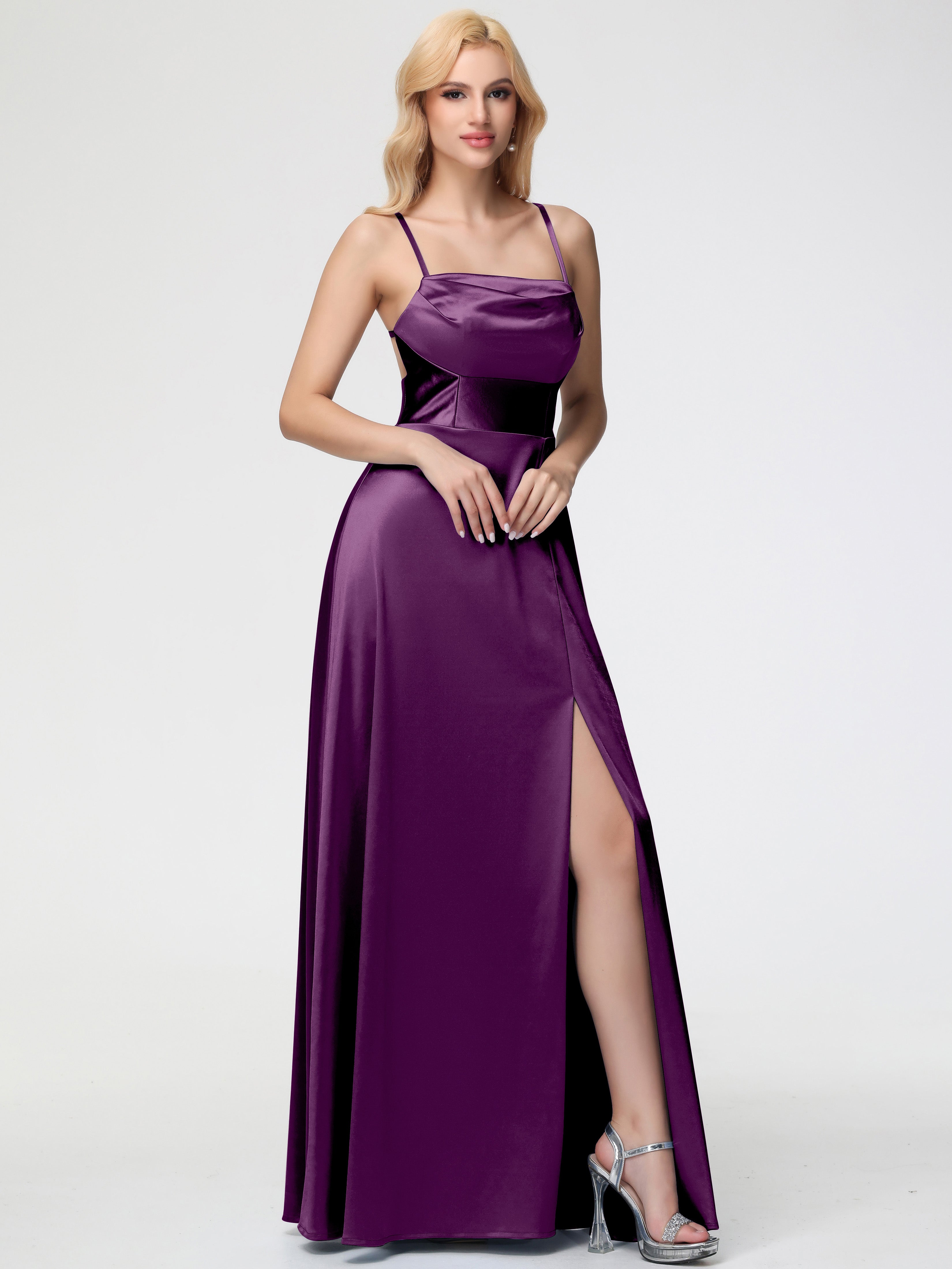 Robes De Demoiselle D'Honneur Raisin Col Bénitier Trapèze Satin Extensible Fendue Robe De Demoiselle D'Honneur