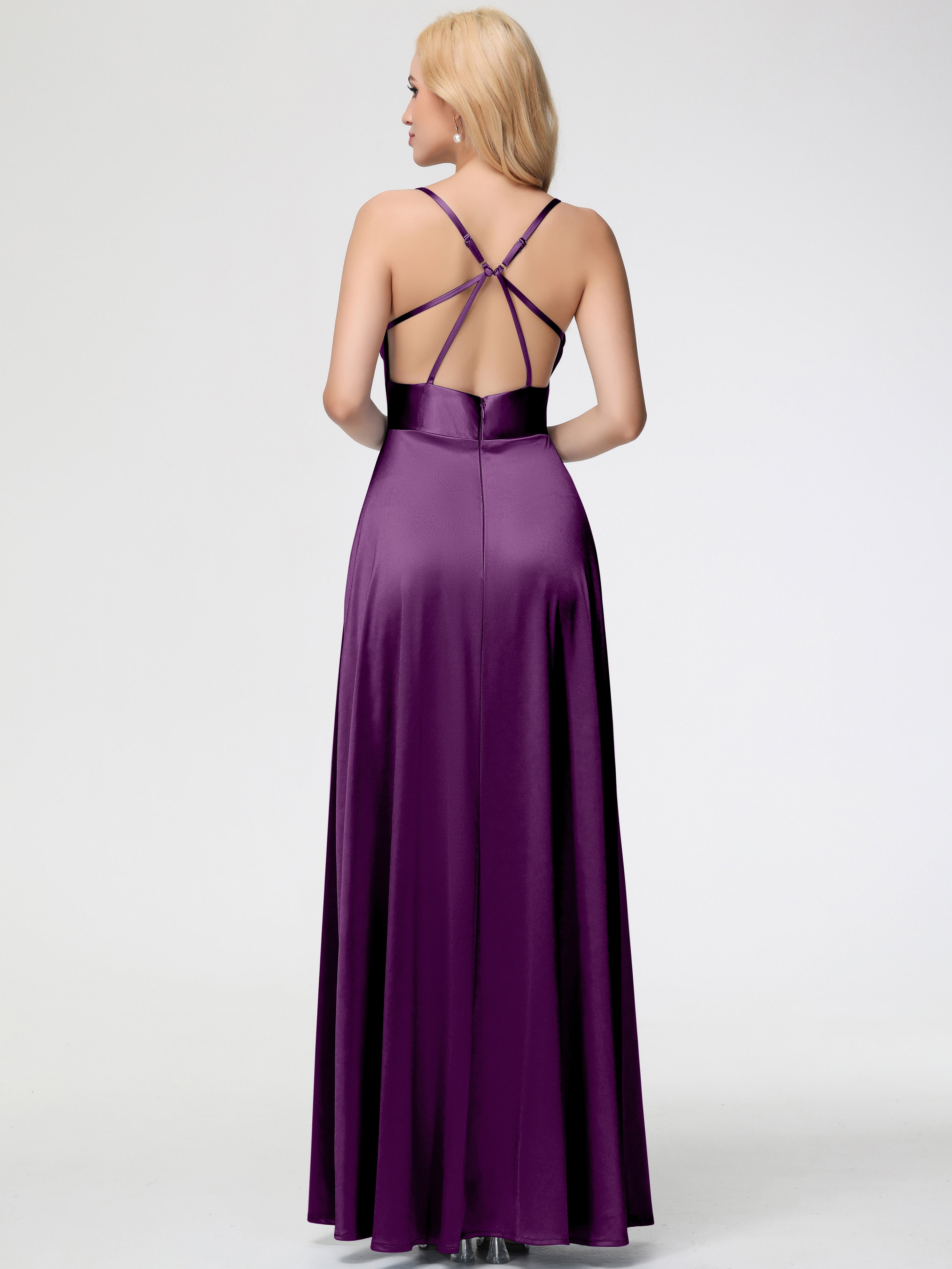 Robes De Demoiselle D'Honneur Raisin Col Bénitier Trapèze Satin Extensible Fendue Robe De Demoiselle D'Honneur