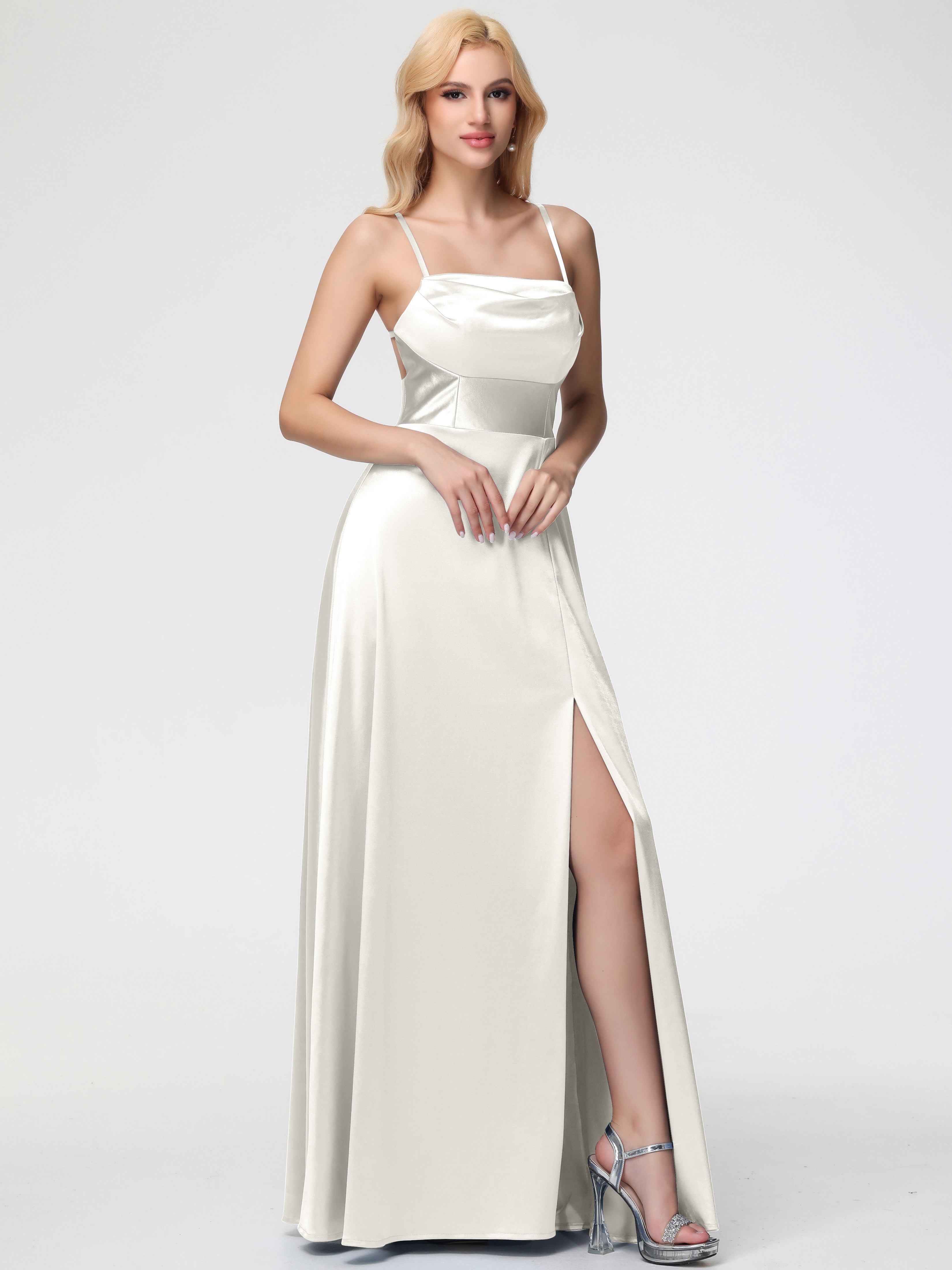 Robe Ivoire Demoiselle D Honneur Col Bénitier Trapèze Satin Extensible Fendue Robe De Demoiselle D'Honneur