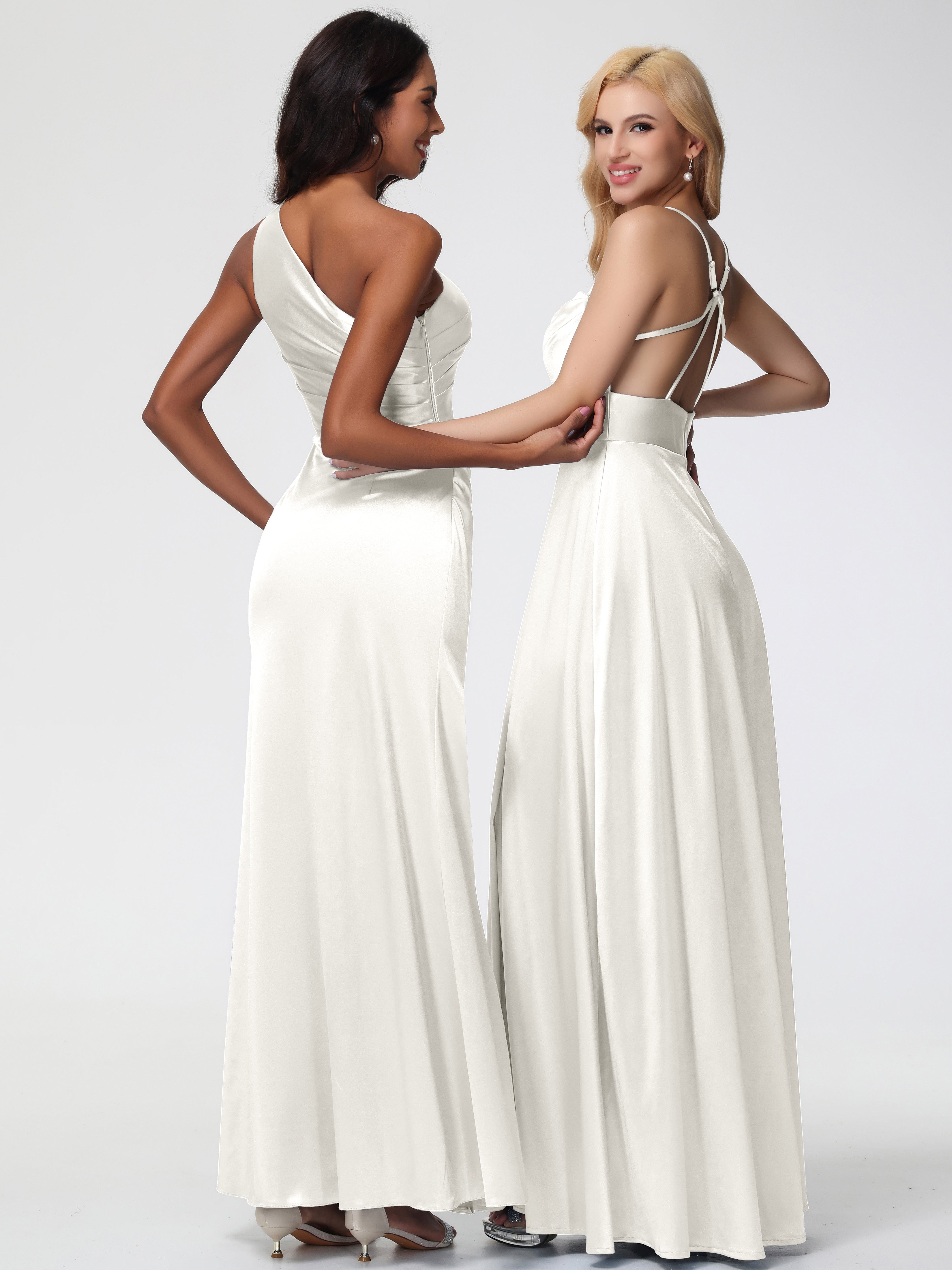 Robe Ivoire Demoiselle D Honneur Col Bénitier Trapèze Satin Extensible Fendue Robe De Demoiselle D'Honneur