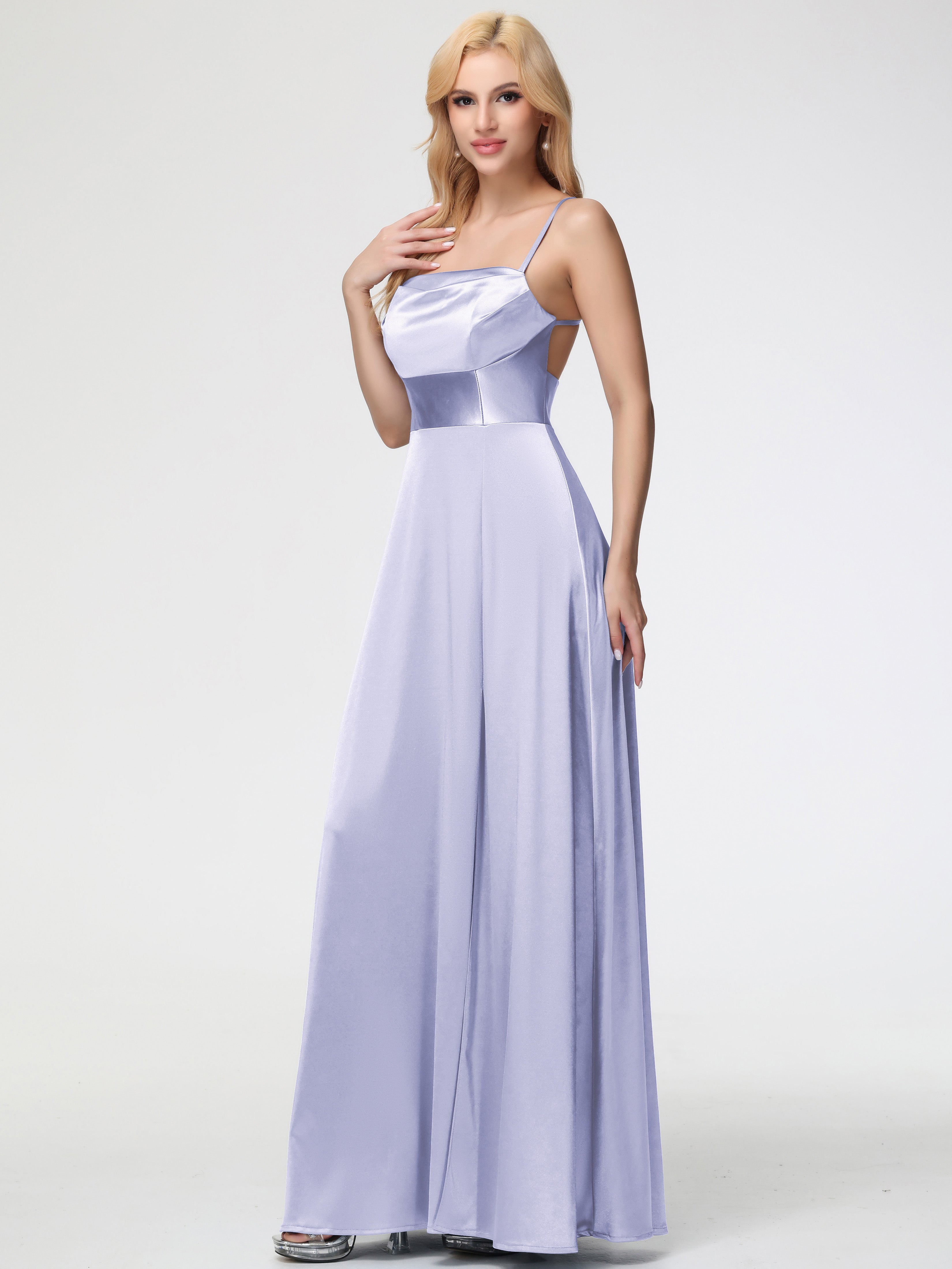 Robe De Demoiselle D'Honneur Lavande Col Bénitier Trapèze Satin Extensible Fendue Robe De Demoiselle D'Honneur