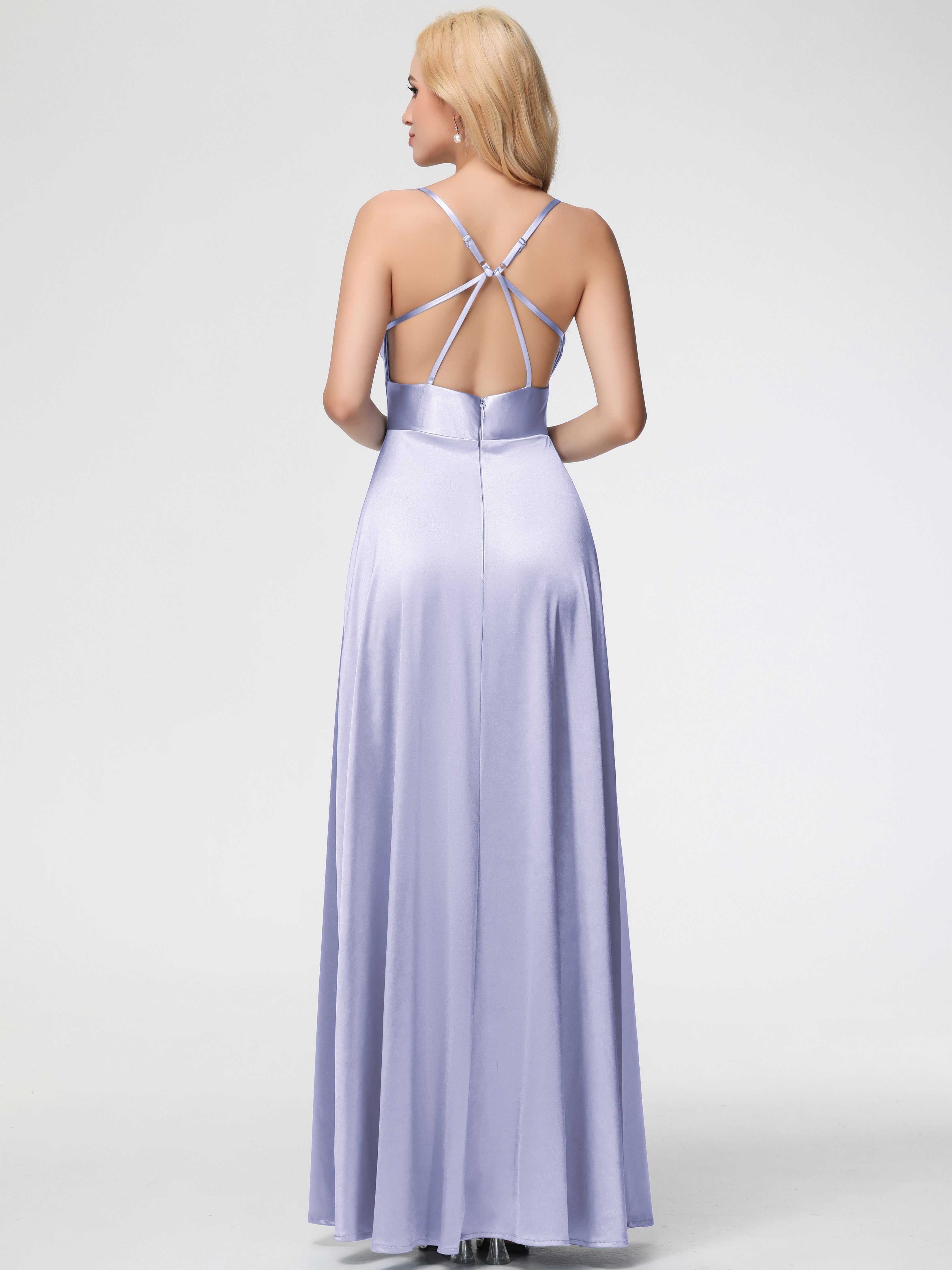 Robe De Demoiselle D'Honneur Lavande Col Bénitier Trapèze Satin Extensible Fendue Robe De Demoiselle D'Honneur