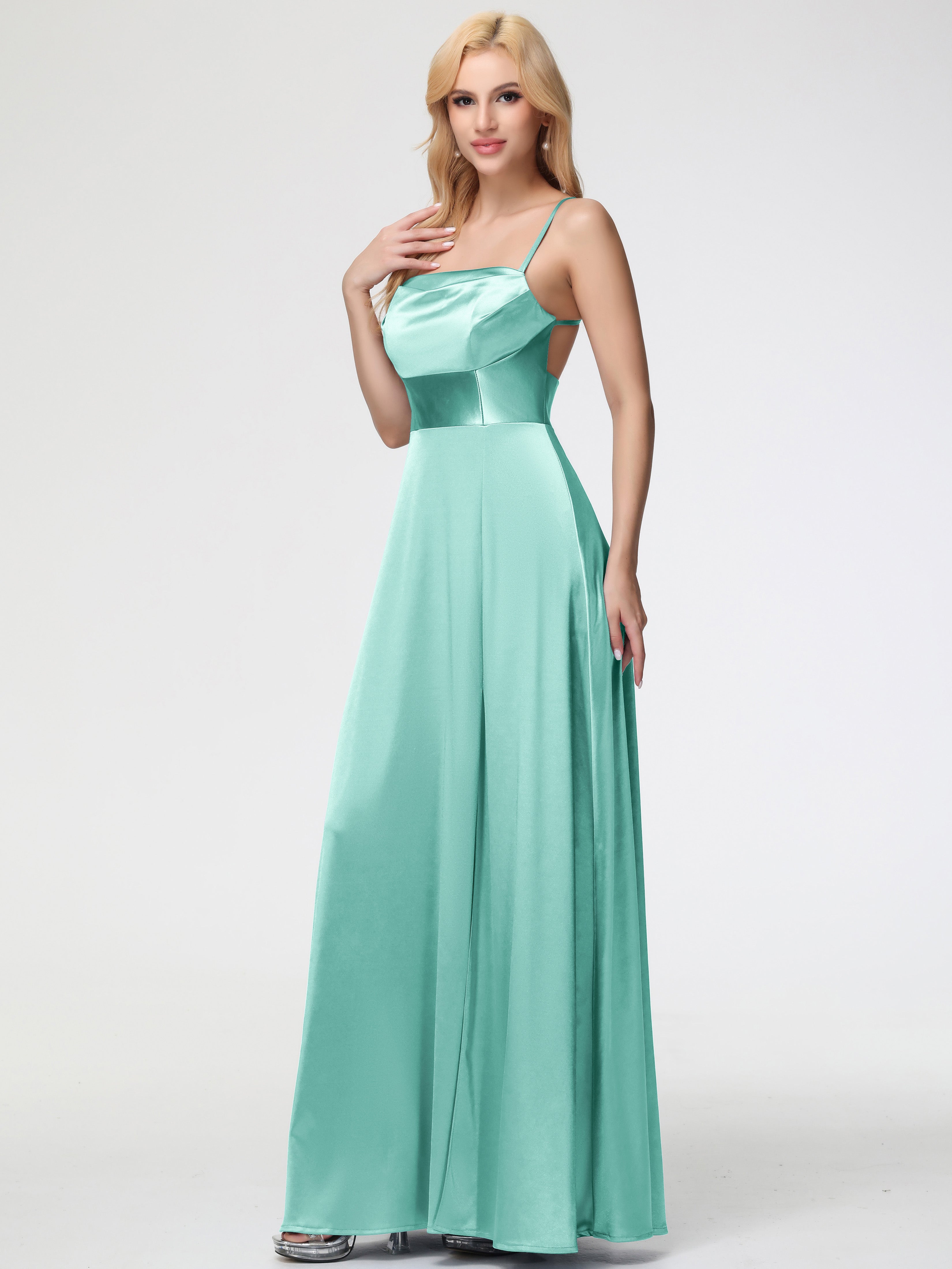 Robe Demoiselle D Honneur Vert Menthe Col Bénitier Trapèze Satin Extensible Fendue Robe De Demoiselle D'Honneur