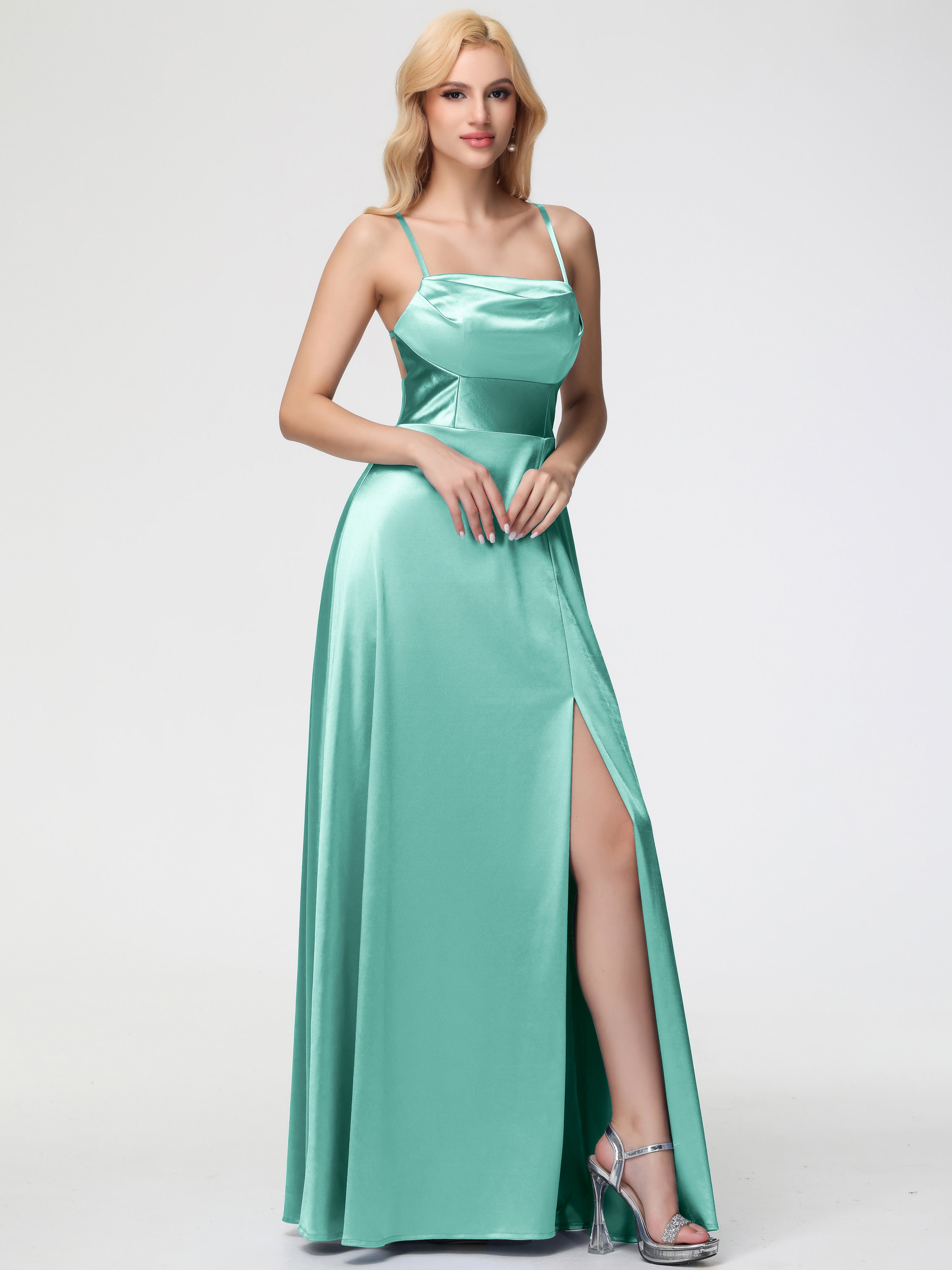 Robe Demoiselle D Honneur Vert Menthe Col Bénitier Trapèze Satin Extensible Fendue Robe De Demoiselle D'Honneur