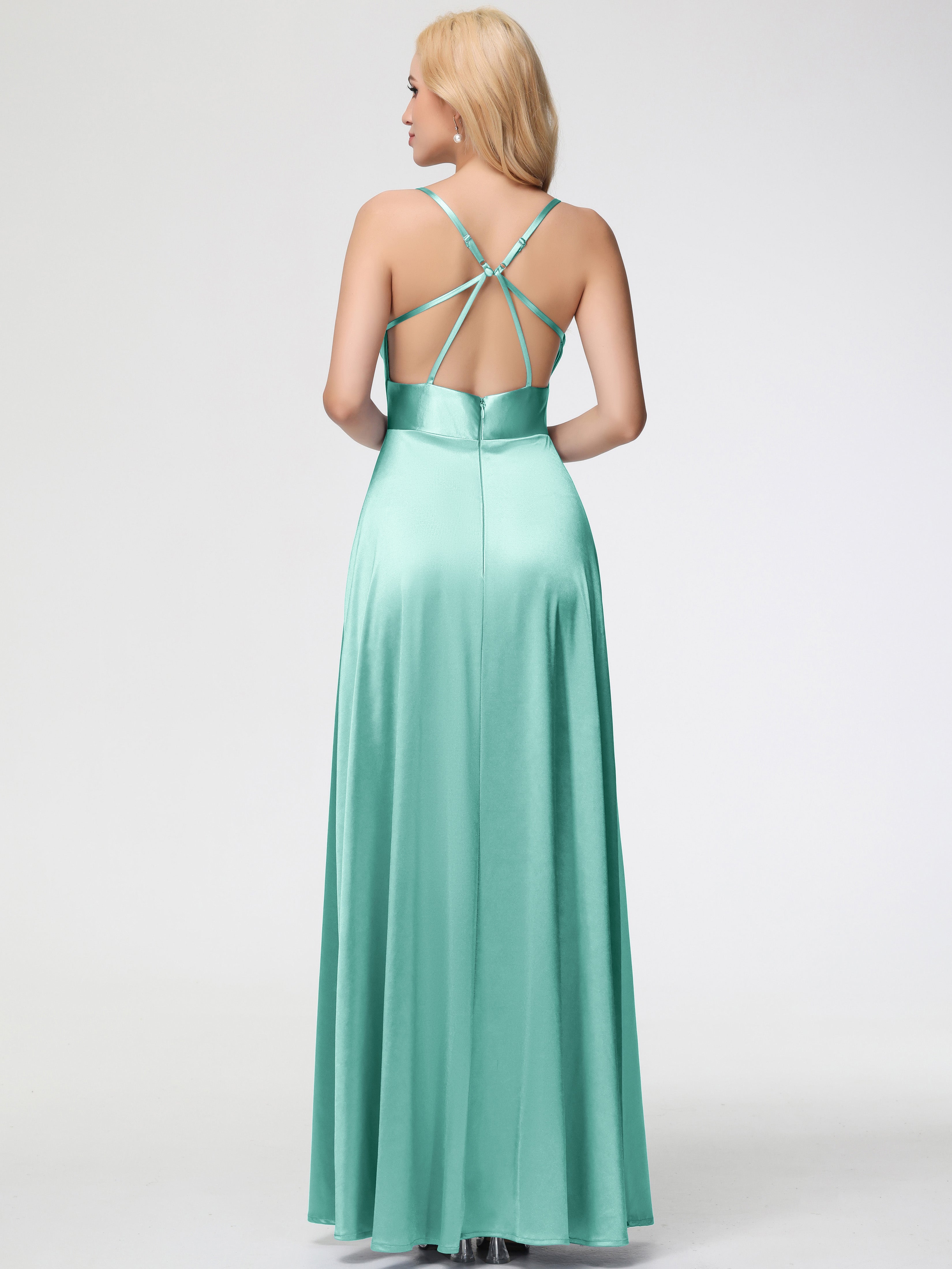 Robe Demoiselle D Honneur Vert Menthe Col Bénitier Trapèze Satin Extensible Fendue Robe De Demoiselle D'Honneur
