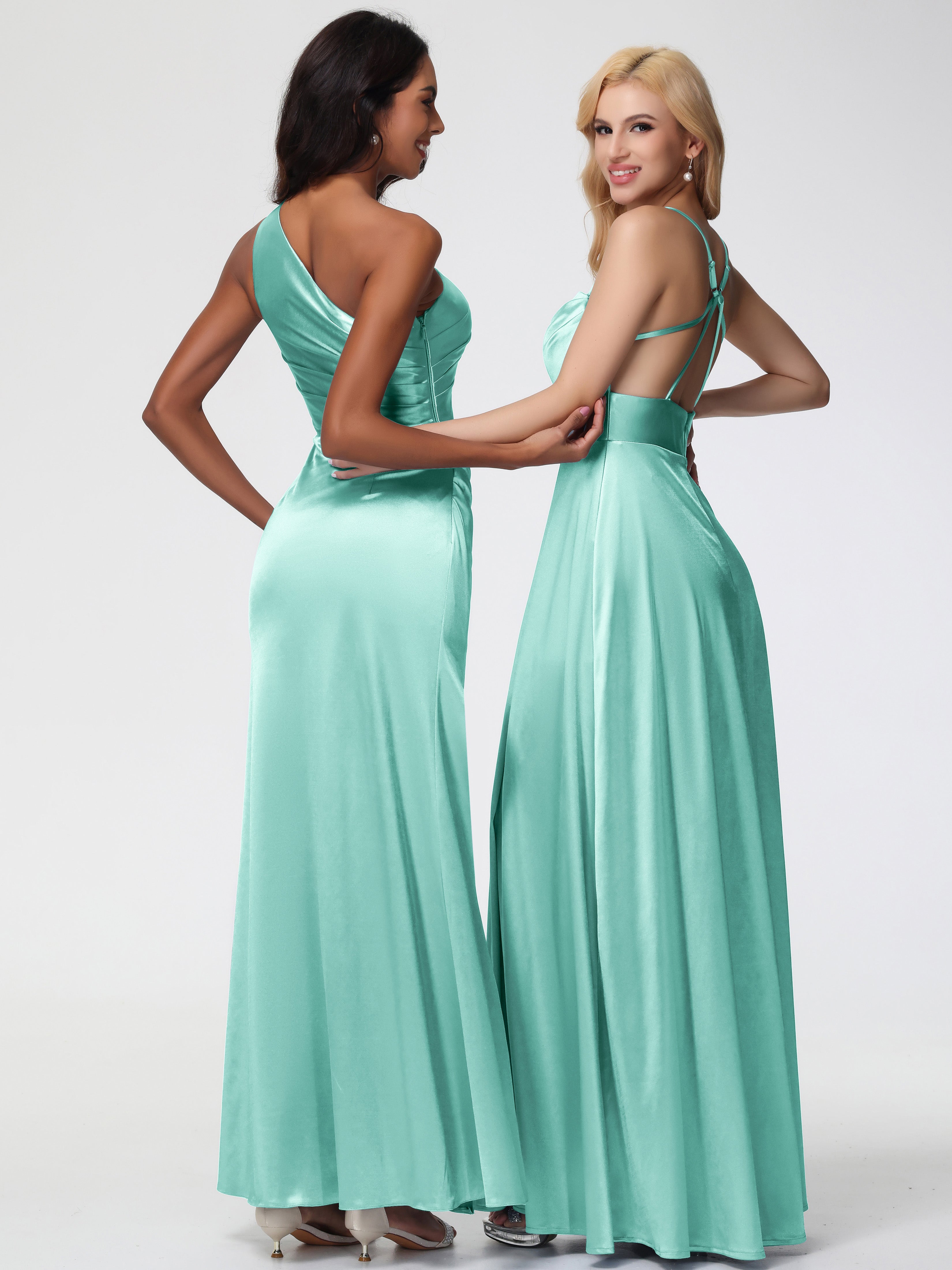 Robe Demoiselle D Honneur Vert Menthe Col Bénitier Trapèze Satin Extensible Fendue Robe De Demoiselle D'Honneur