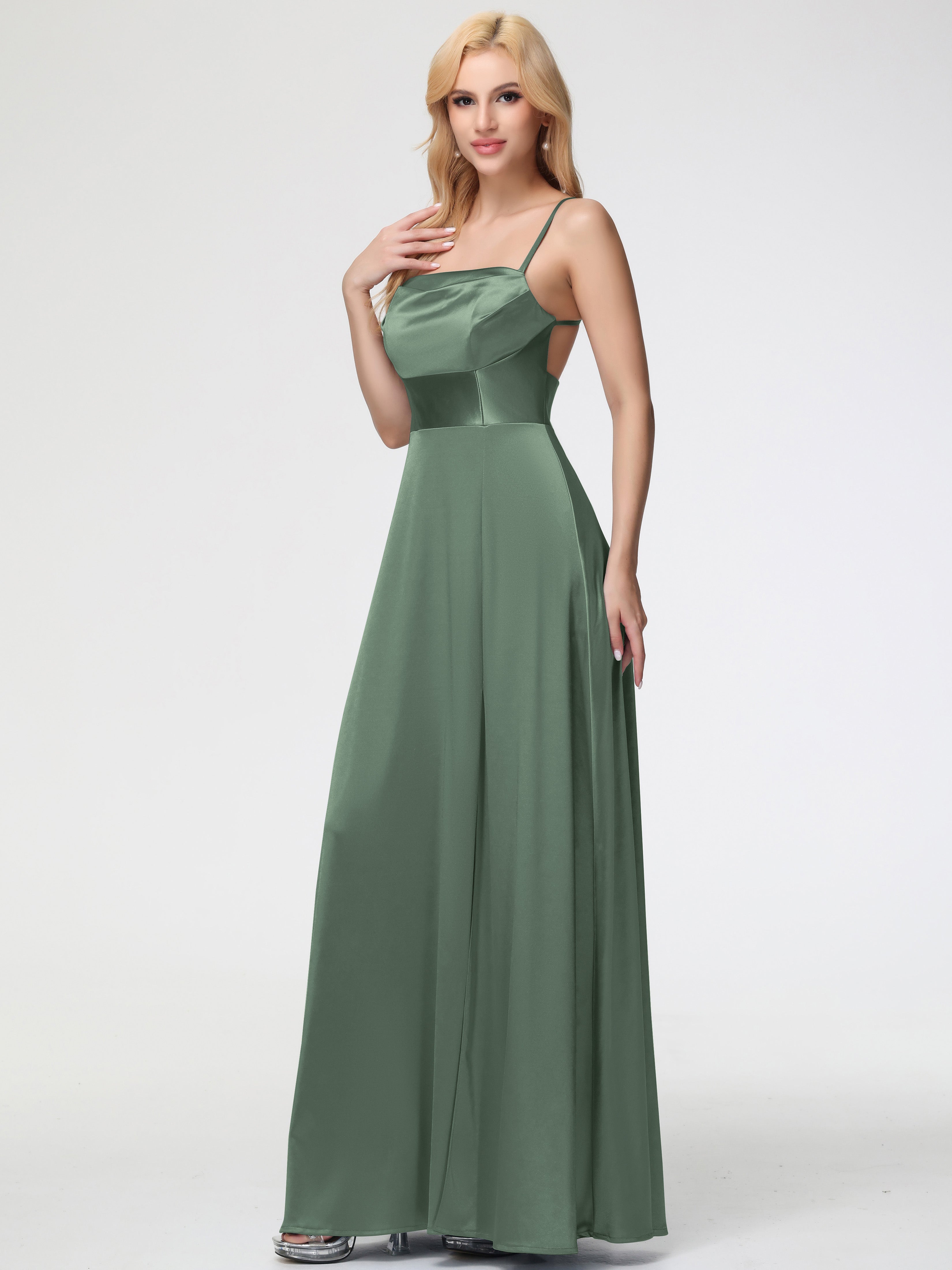 Robes De Demoiselle D'Honneur Vert Olive Col Bénitier Trapèze Satin Extensible Fendue Robe De Demoiselle D'Honneur