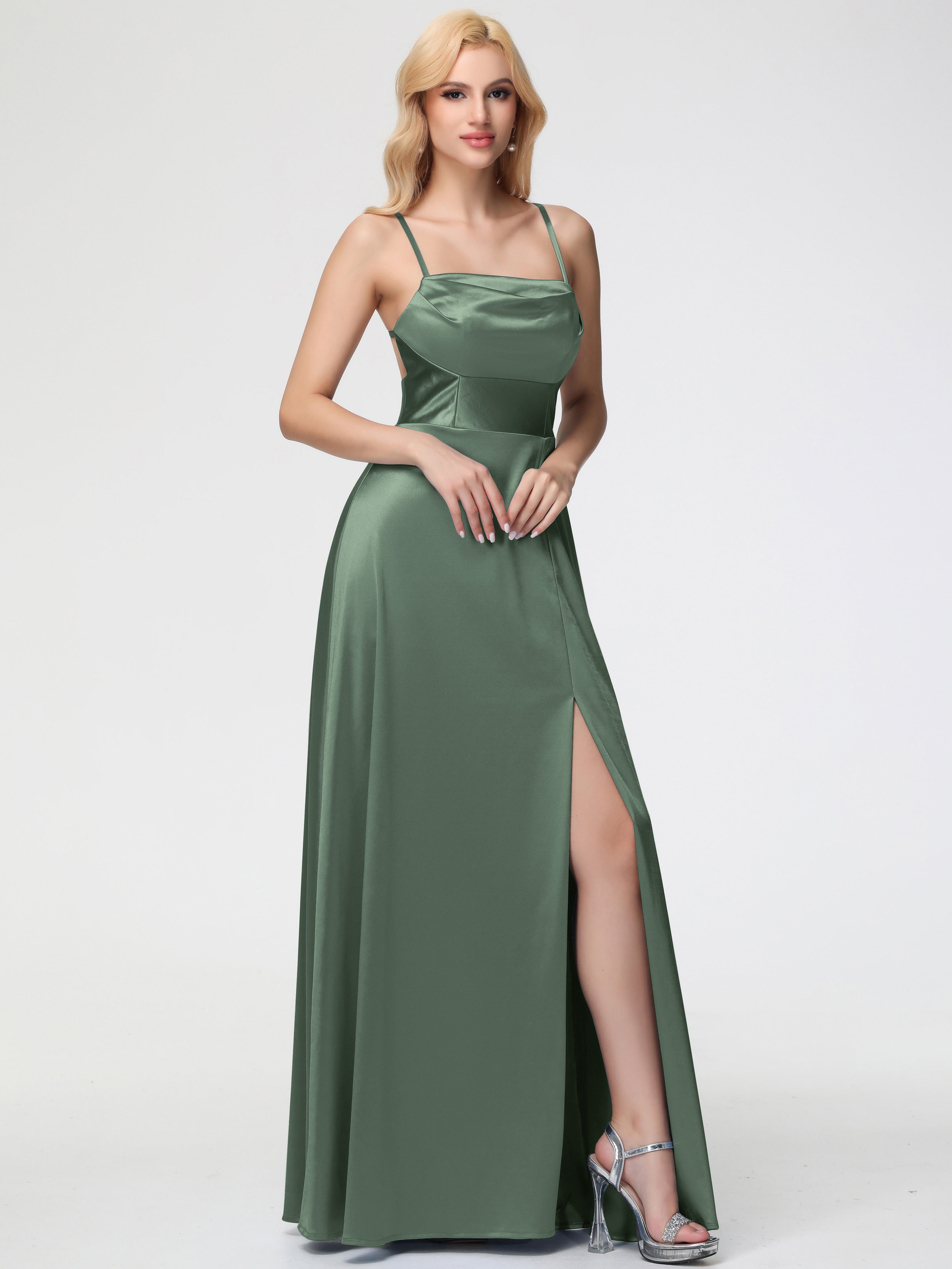 Robes De Demoiselle D'Honneur Vert Olive Col Bénitier Trapèze Satin Extensible Fendue Robe De Demoiselle D'Honneur