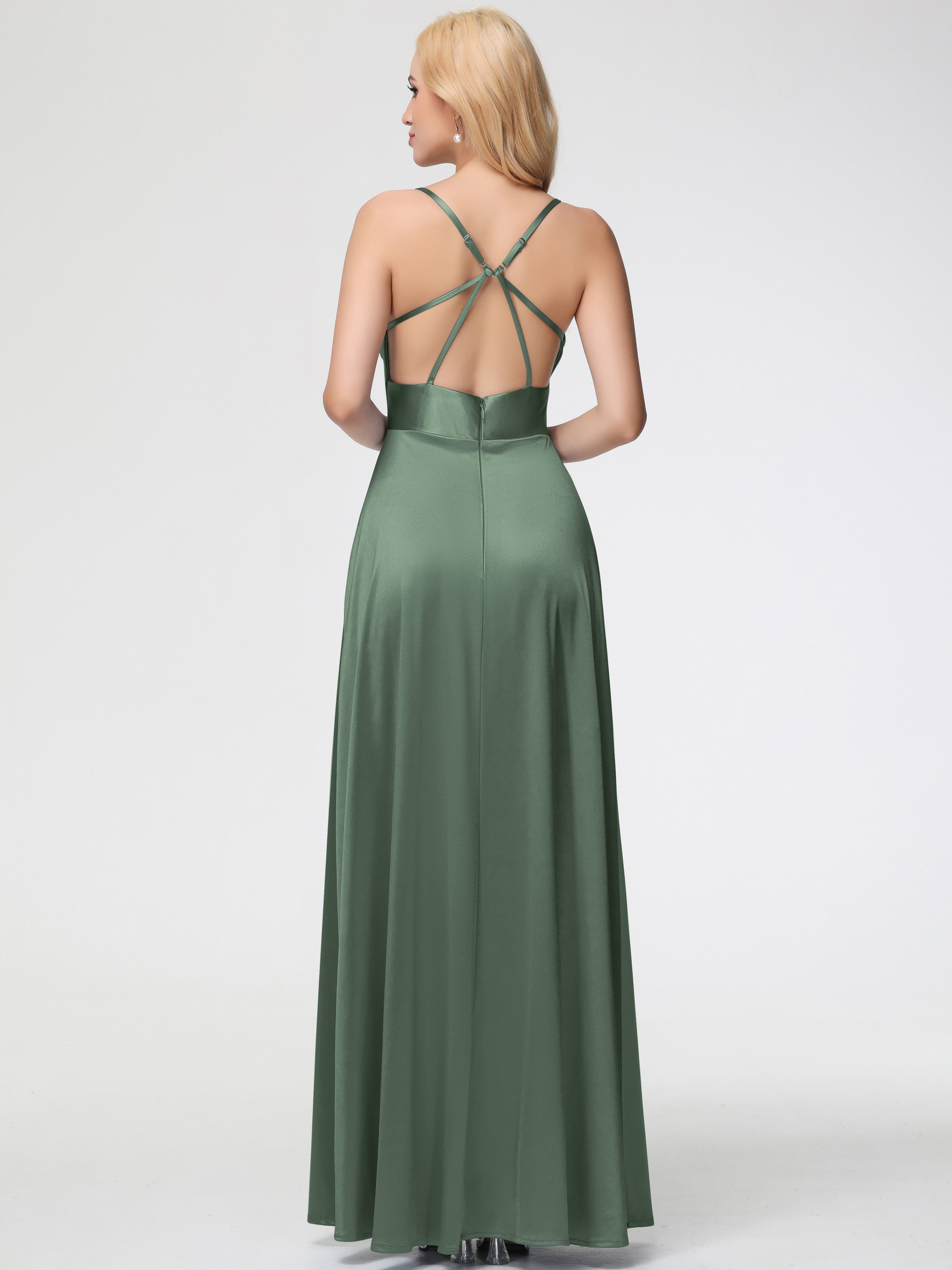 Robes De Demoiselle D'Honneur Vert Olive Col Bénitier Trapèze Satin Extensible Fendue Robe De Demoiselle D'Honneur