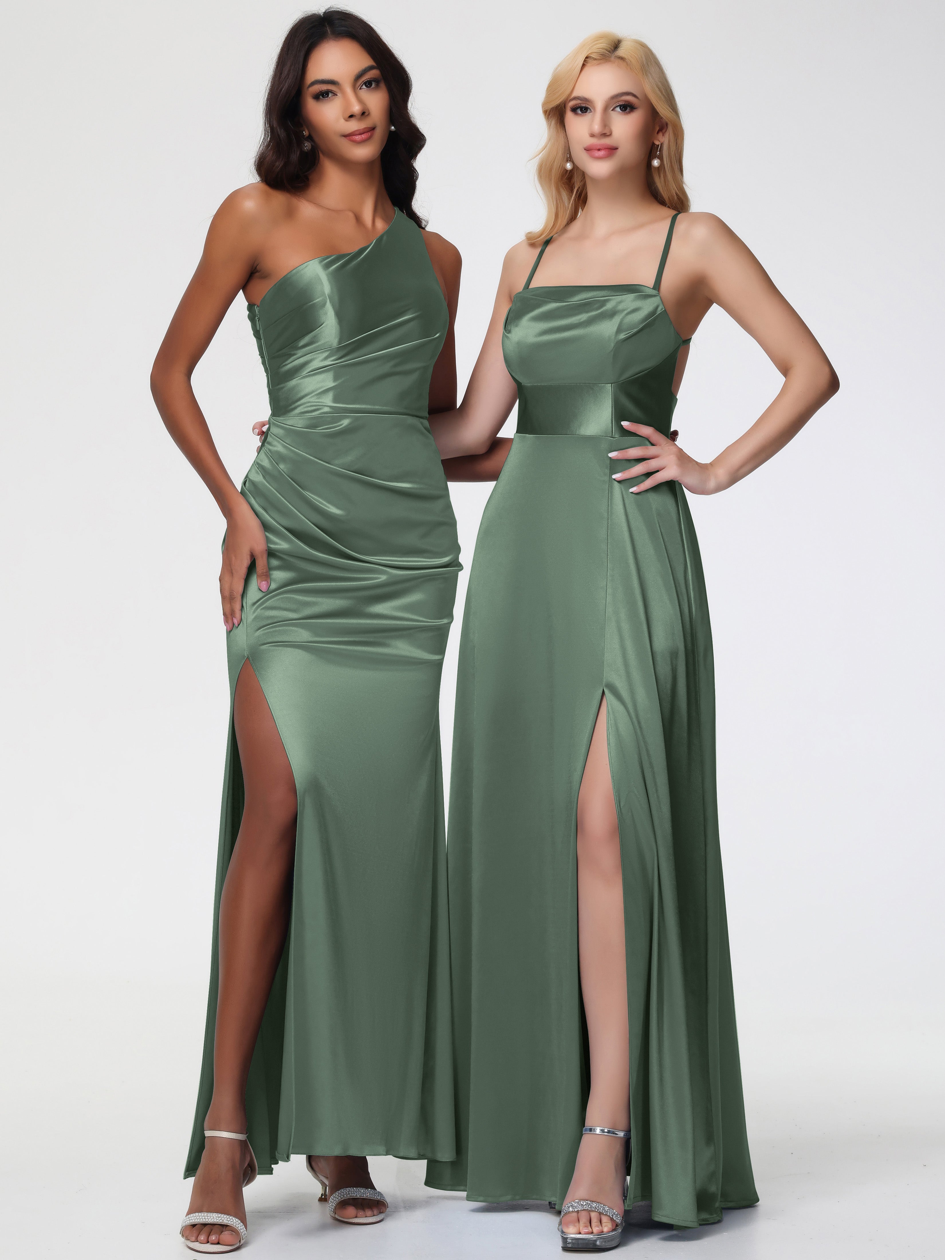 Robes De Demoiselle D'Honneur Vert Olive Col Bénitier Trapèze Satin Extensible Fendue Robe De Demoiselle D'Honneur