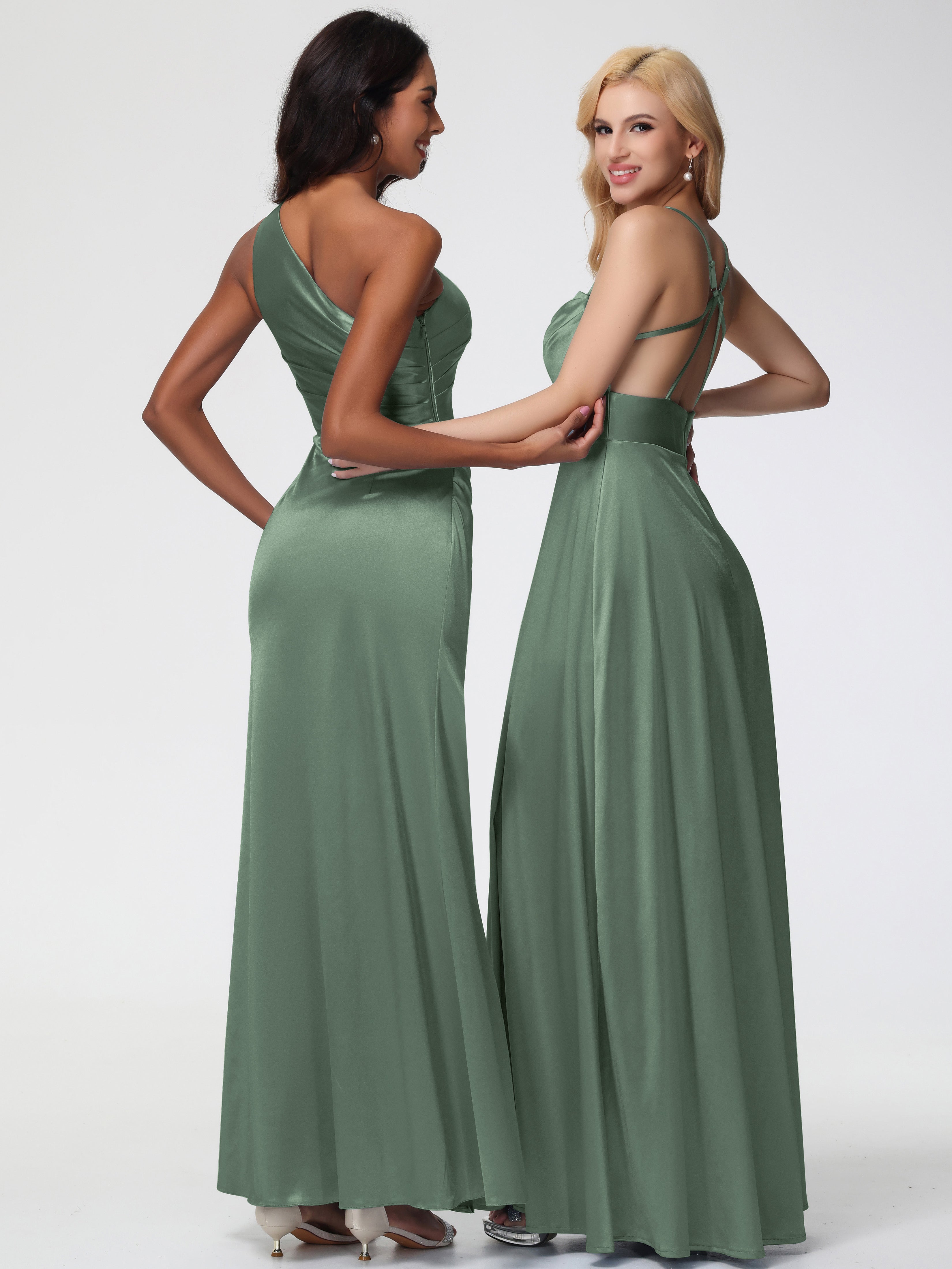 Robes De Demoiselle D'Honneur Vert Olive Col Bénitier Trapèze Satin Extensible Fendue Robe De Demoiselle D'Honneur